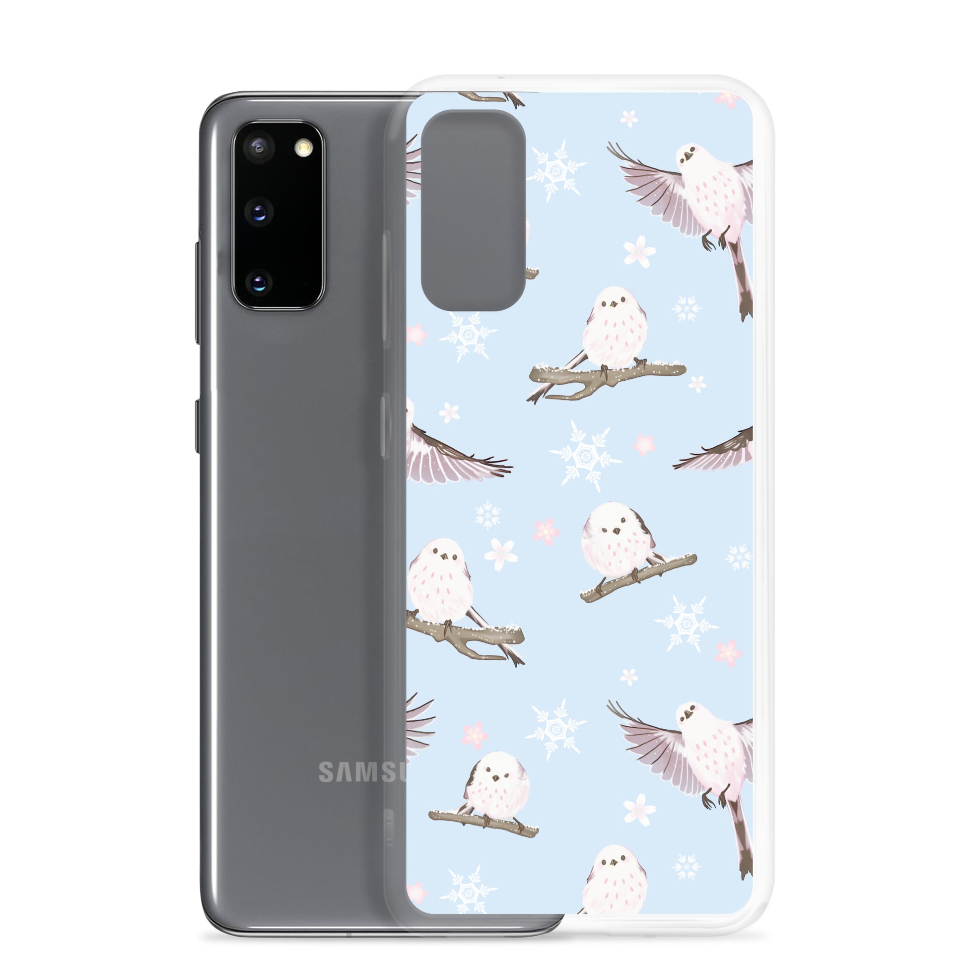 Snow Bird Samsung® Clear Case featuring adorable pastel birds on a light blue background, perfect for winter outings.