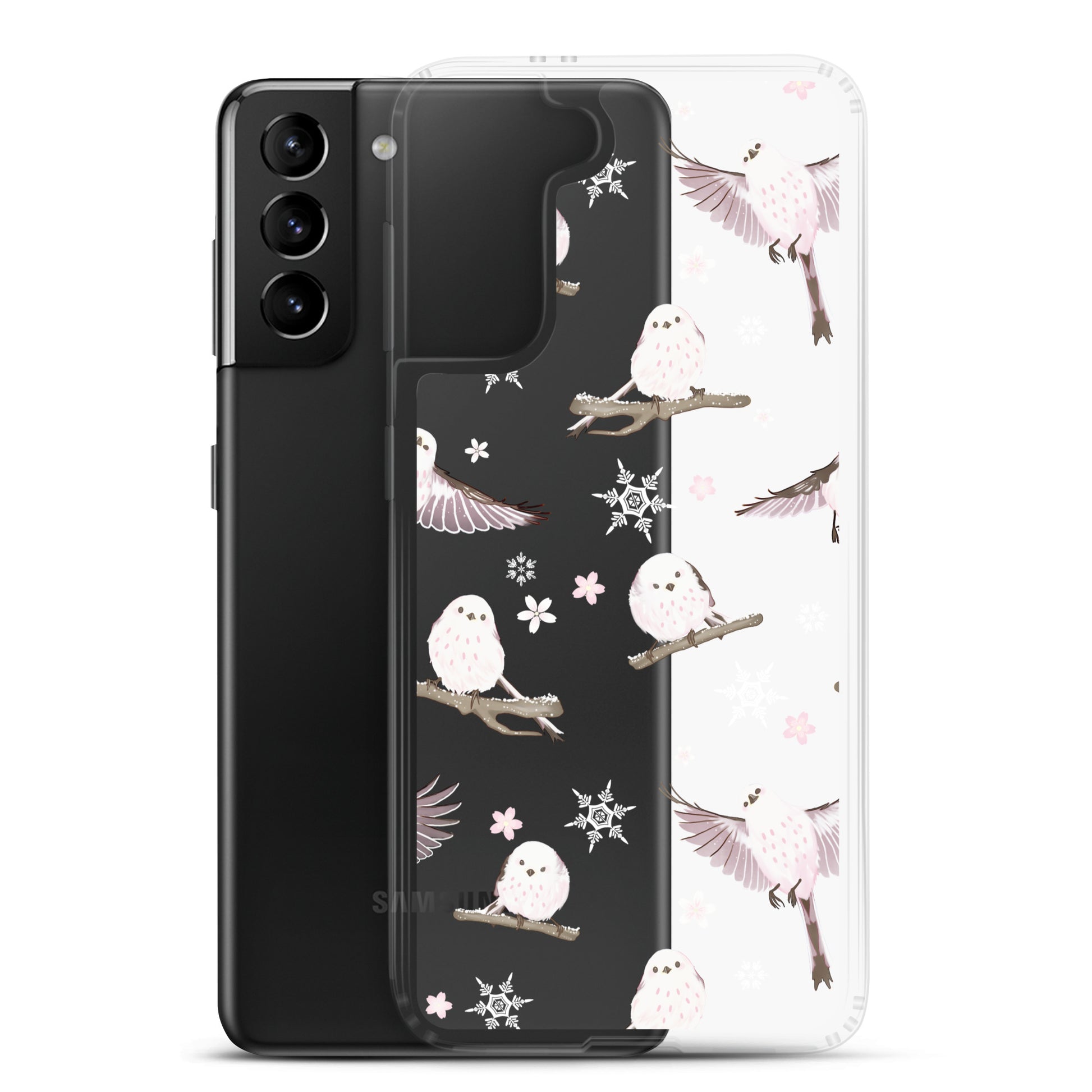 Sleek Snow Bird Samsung® Clear Case featuring adorable pastel birds, perfect for winter outings and gatherings.