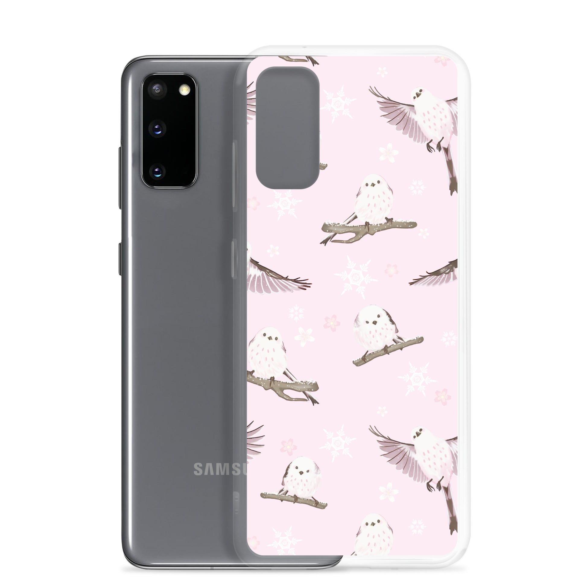 Sleek Snow Bird Samsung® Clear Case featuring pastel birds, perfect for winter outings and gift-giving.