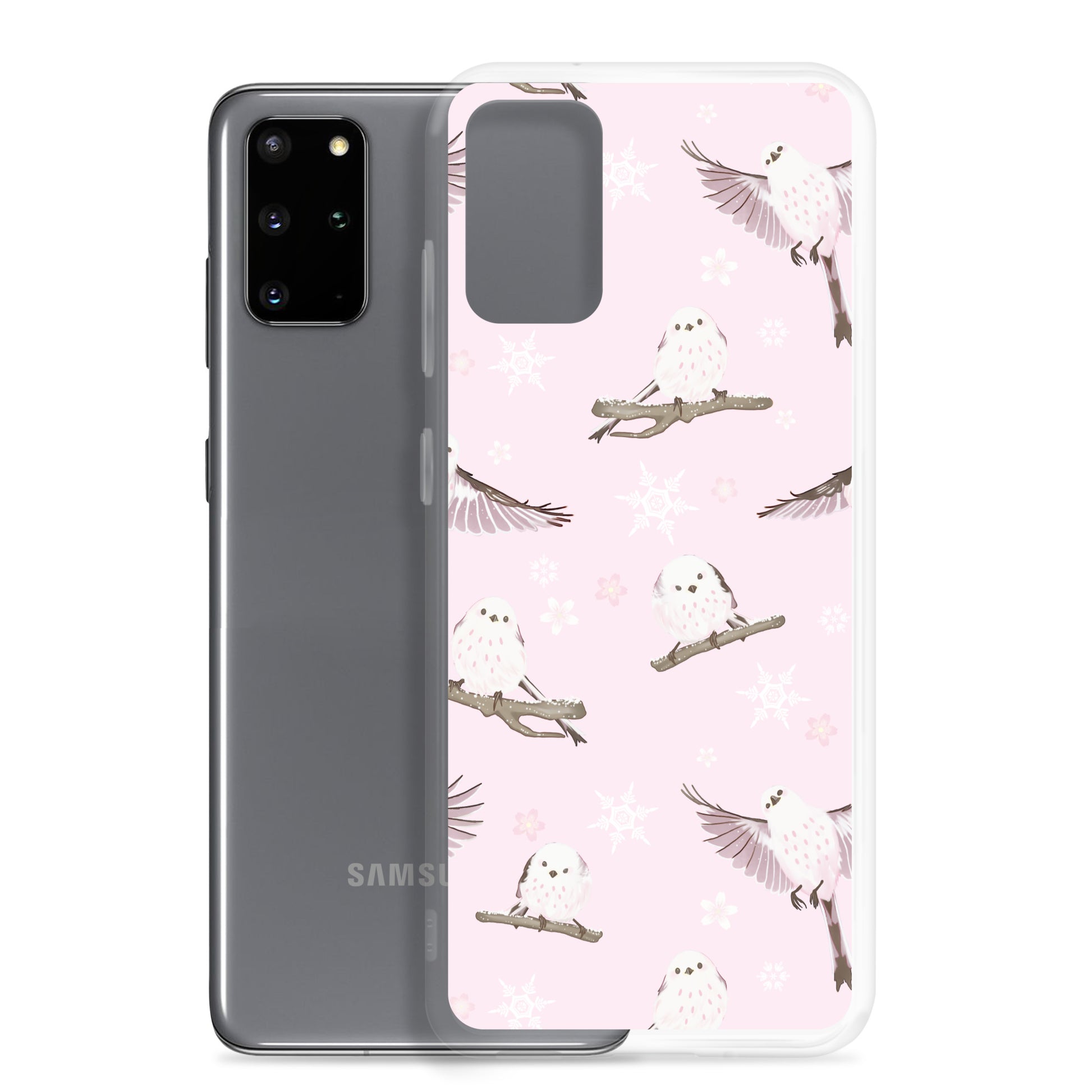Delight in the Snow Bird Samsung® Clear Case, showcasing cute critters on a pastel pink background for winter charm.