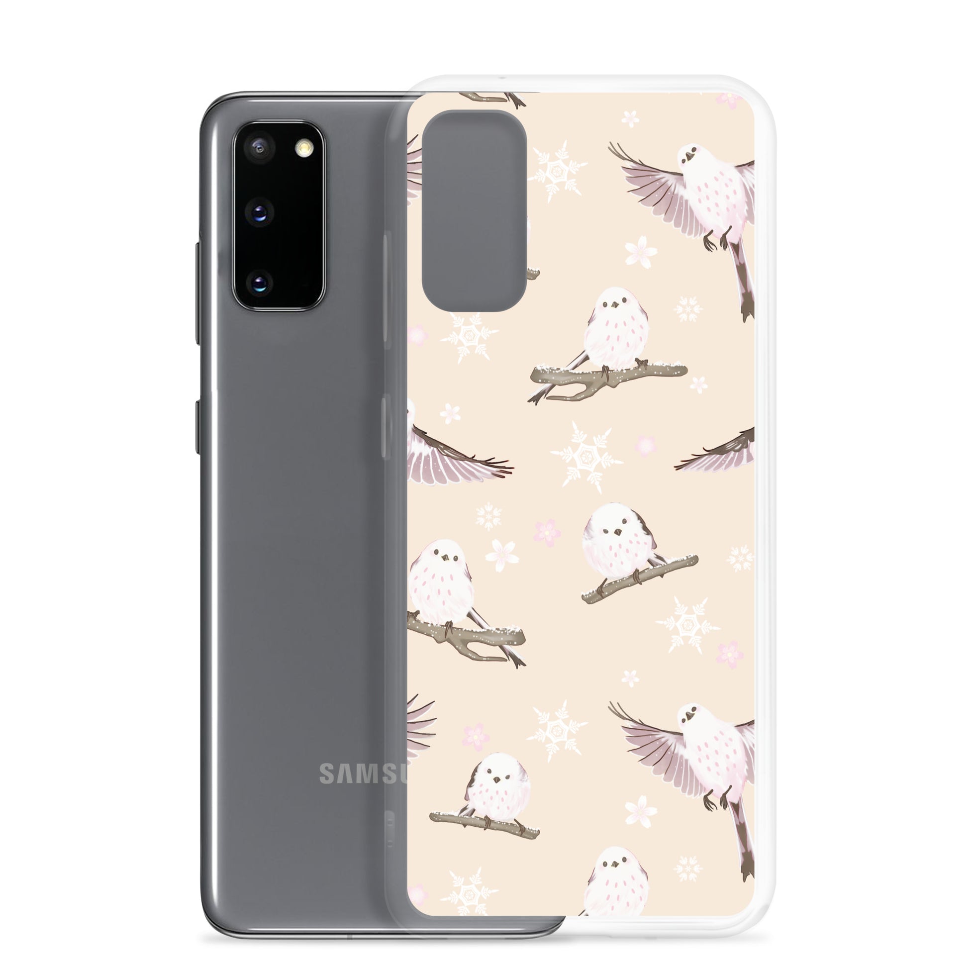 Snow Bird Samsung® Clear Case featuring cute pastel birds, perfect for winter outings and gatherings.