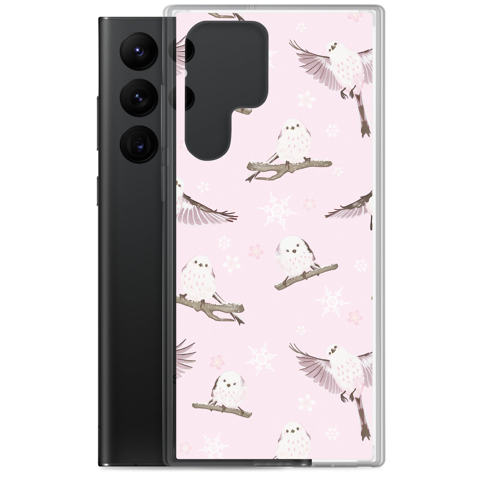 Sleek Snow Bird Samsung® Clear Case features cute pastel birds, perfect for winter outings and stylish protection.