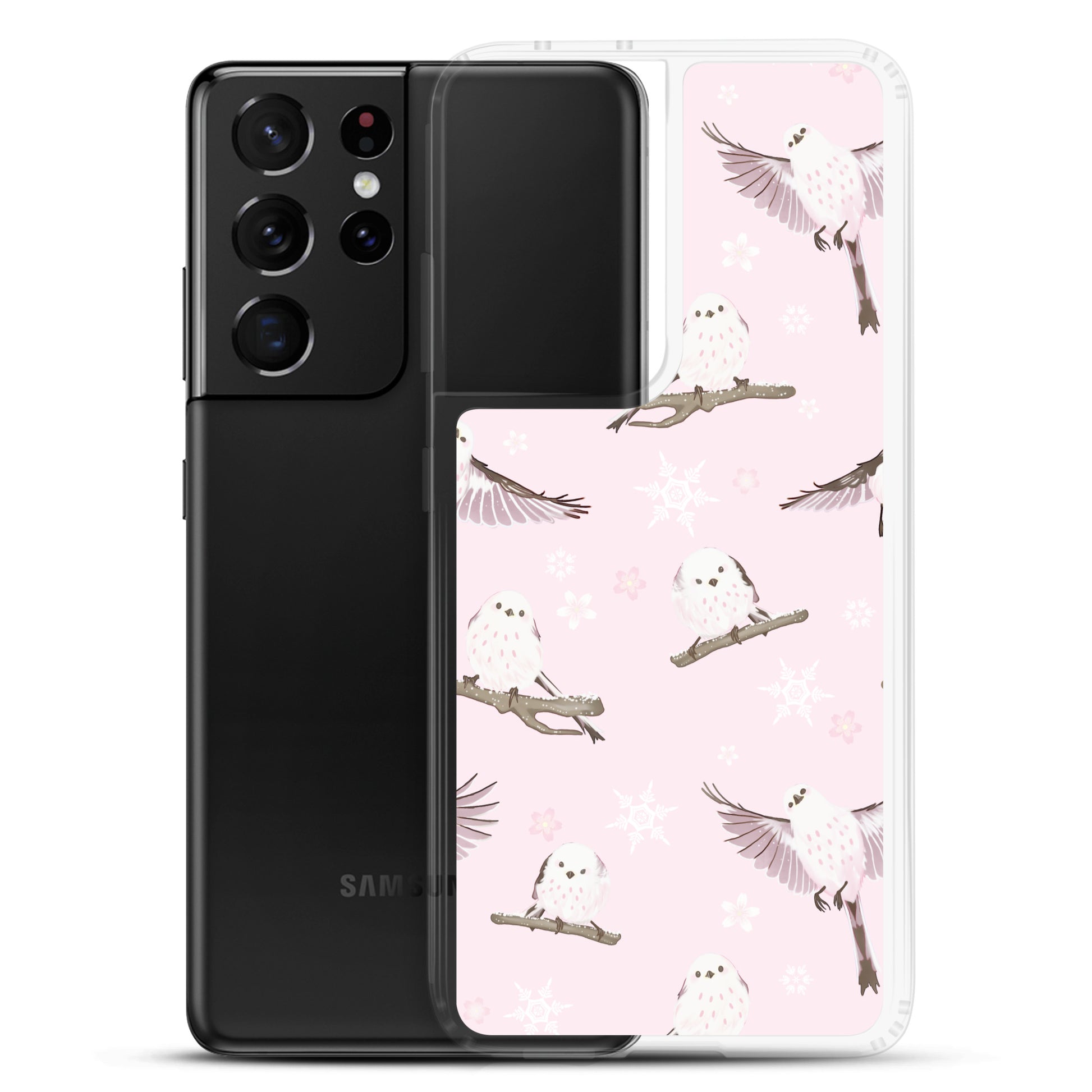 Stylish Snow Bird Samsung® Clear Case featuring pastel birds, perfect for winter gatherings and phone protection.