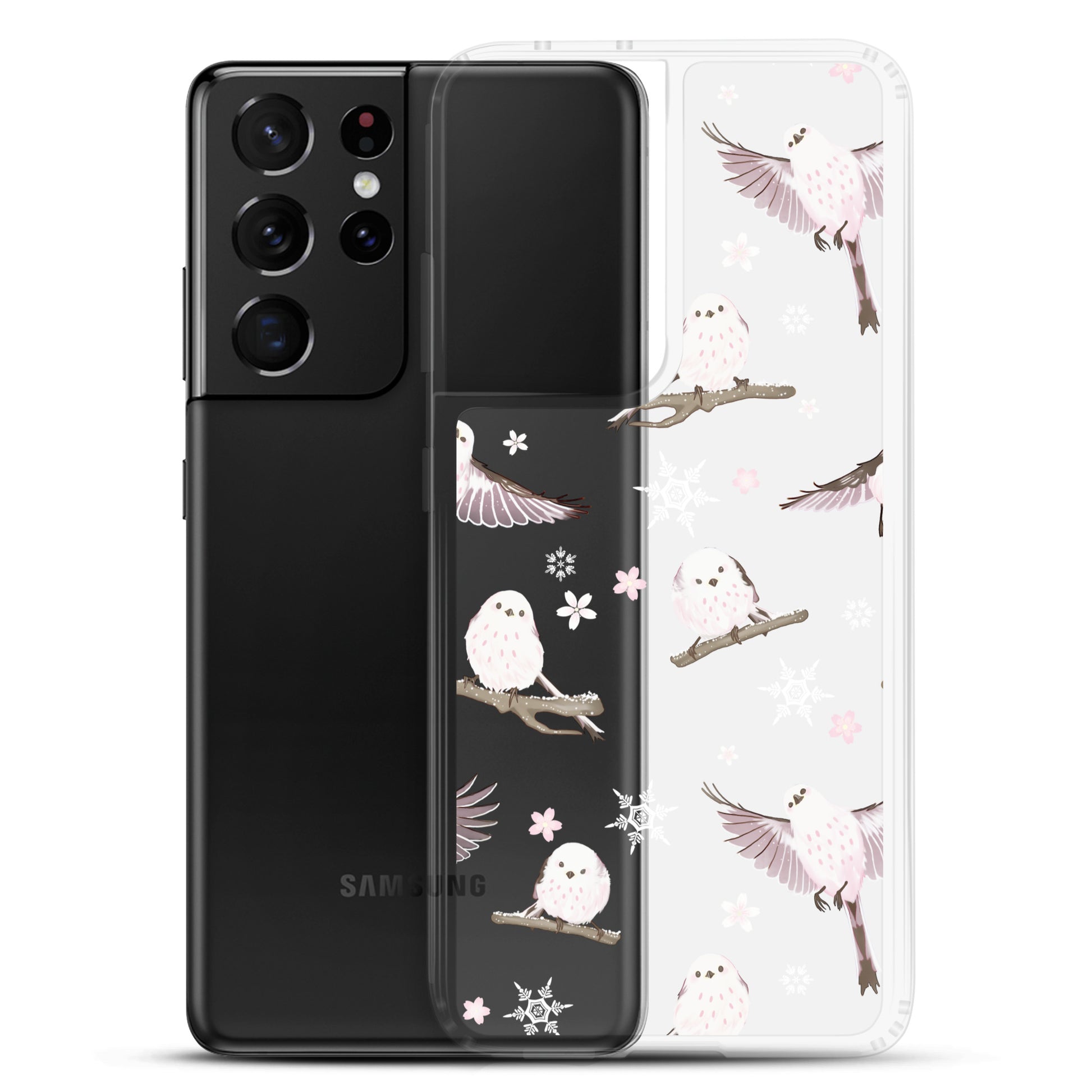 Snow Bird Samsung® Clear Case featuring cute pastel birds, perfect for winter outings and stylish protection.