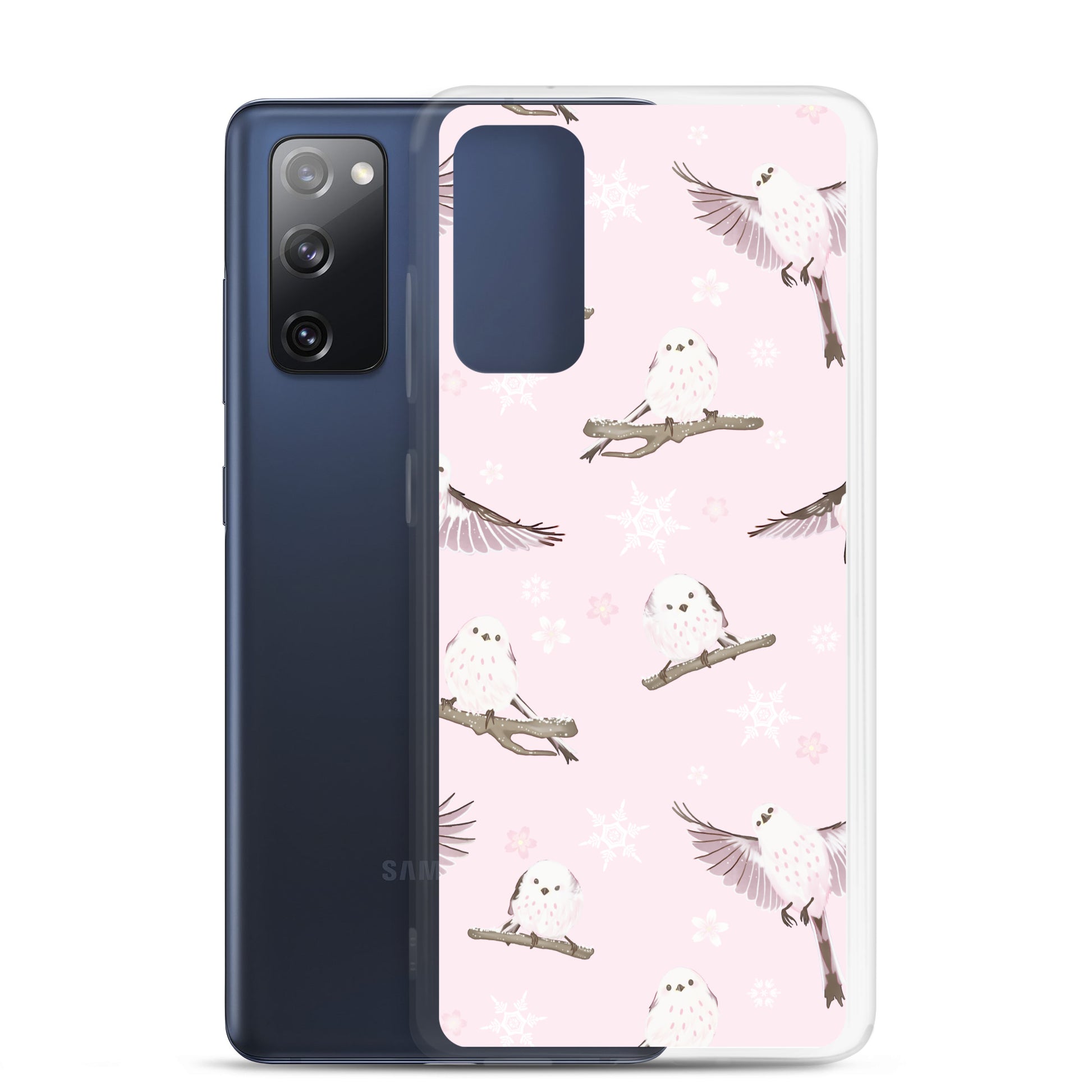 Sleek Snow Bird Samsung® Clear Case showcases cute pastel birds, perfect for winter outings and stylish protection.