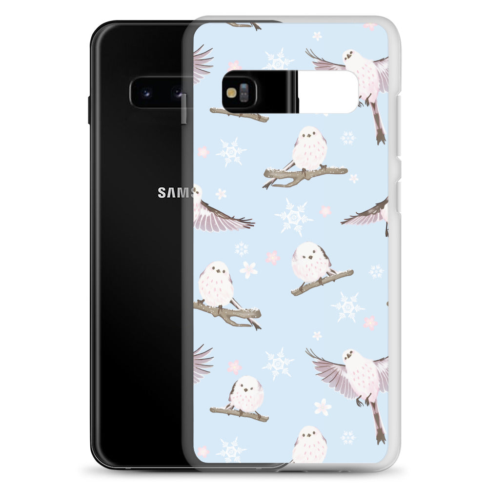 Sleek Snow Bird Samsung® Clear Case featuring cute pastel birds, perfect for winter outings and stylish protection.