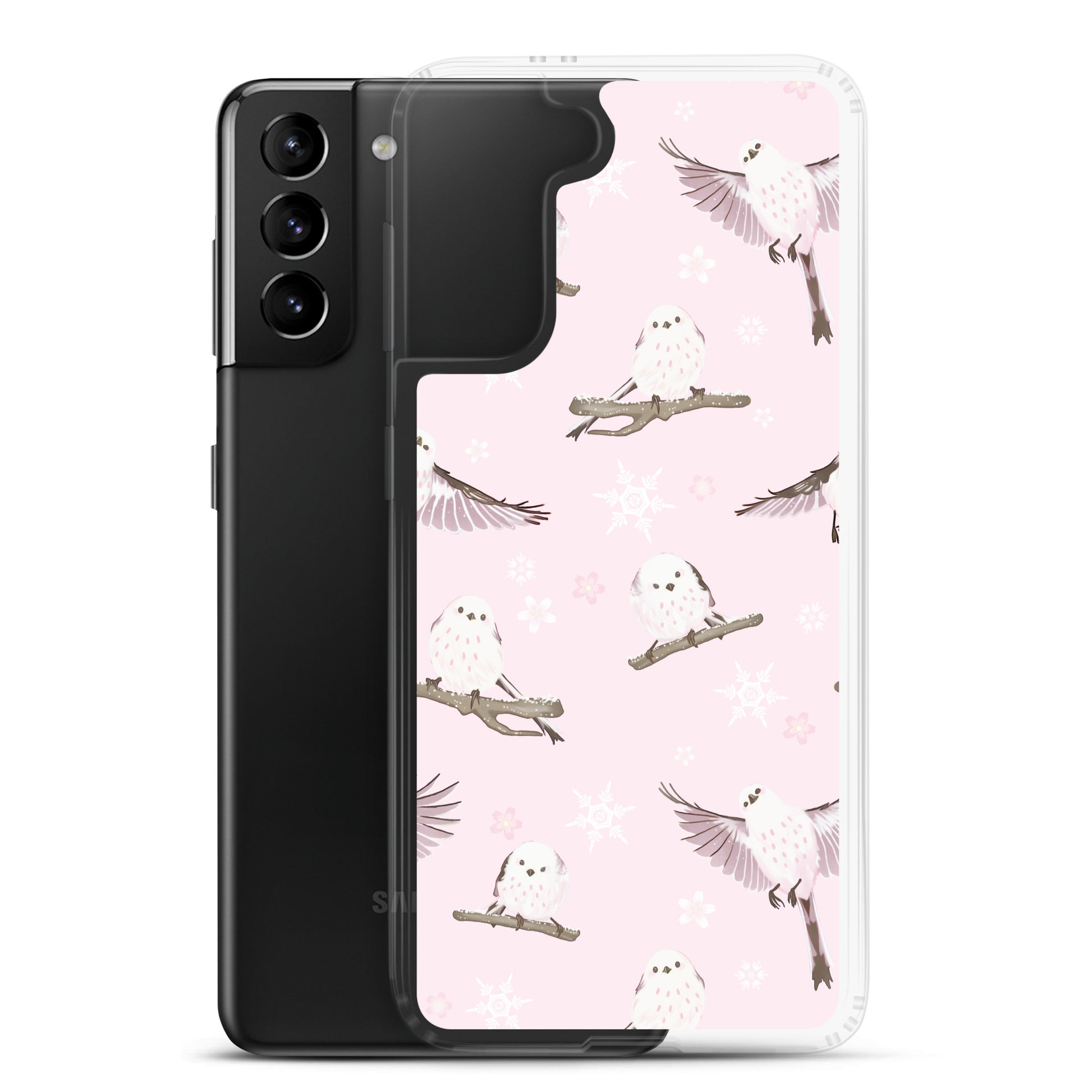 Snow Bird Samsung® Clear Case featuring pastel birds on a pink background, perfect for winter outings and gatherings.