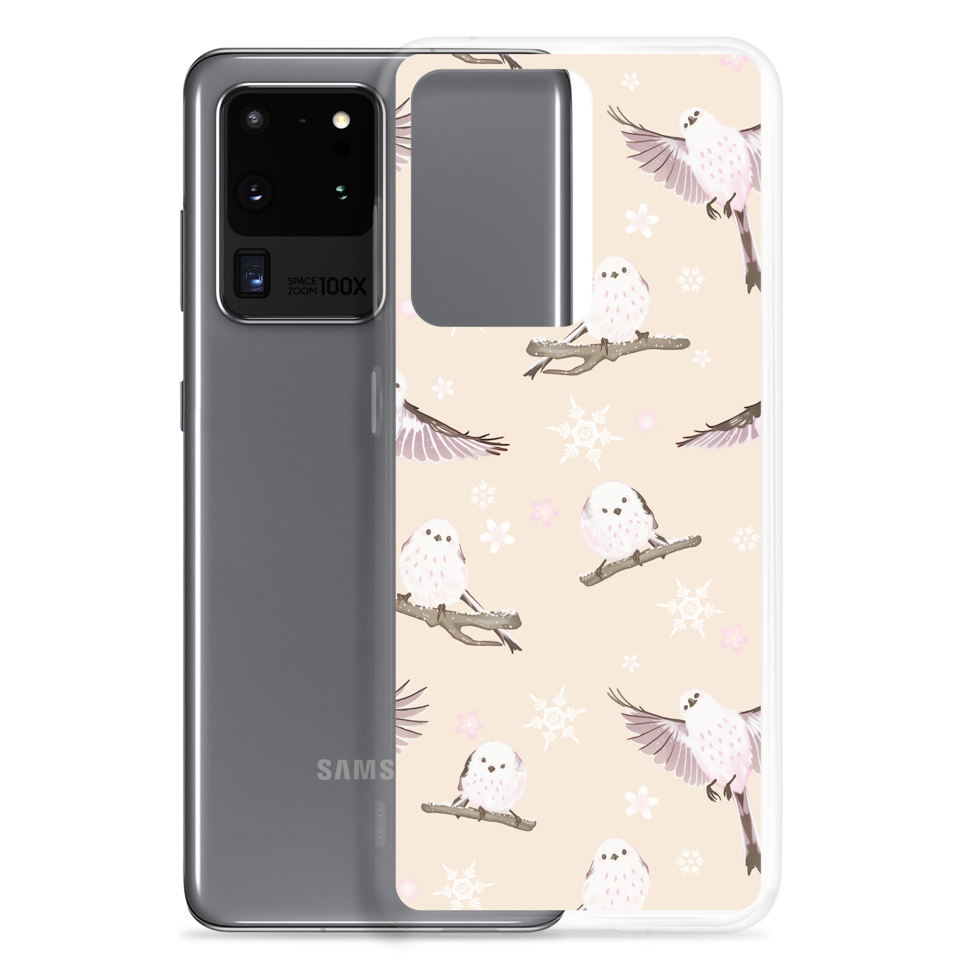 Sleek Snow Bird Samsung® Clear Case featuring cute pastel birds, perfect for winter outings and gatherings.