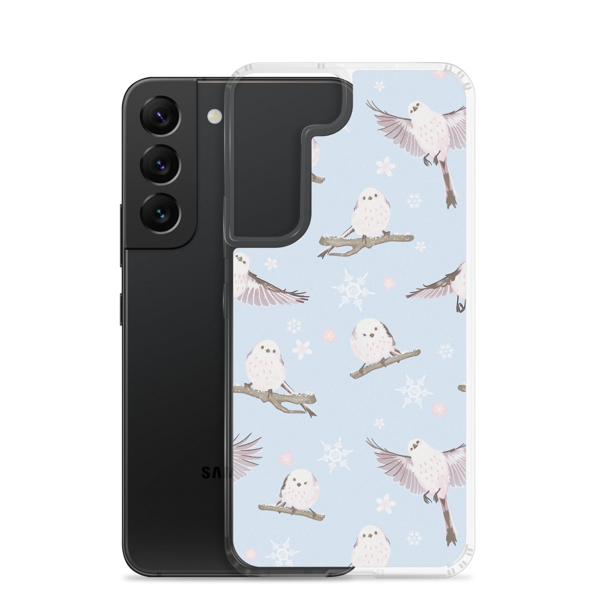 Protect your phone in style with the Snow Bird Samsung® Clear Case, featuring cute birds on a pastel background.