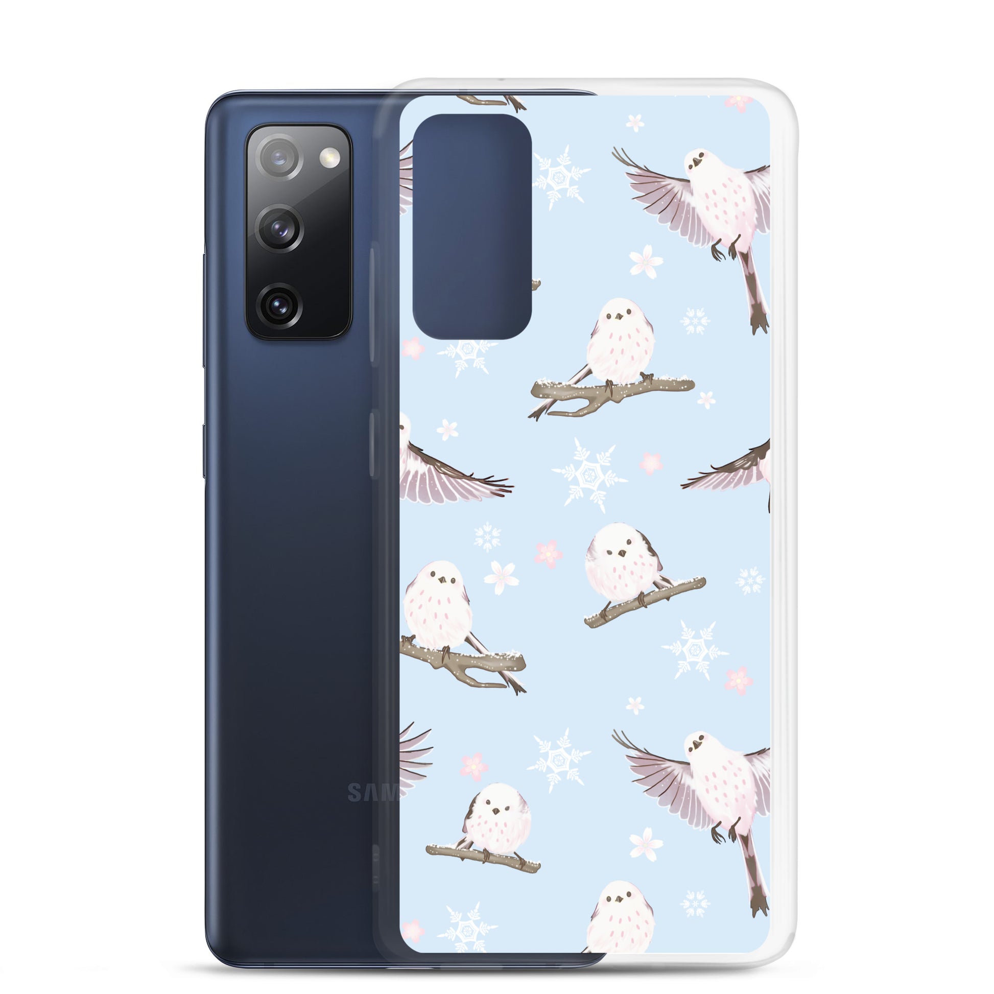 Stylish Snow Bird Samsung® Clear Case featuring pastel birds and snowflakes, perfect for winter outings and gatherings.