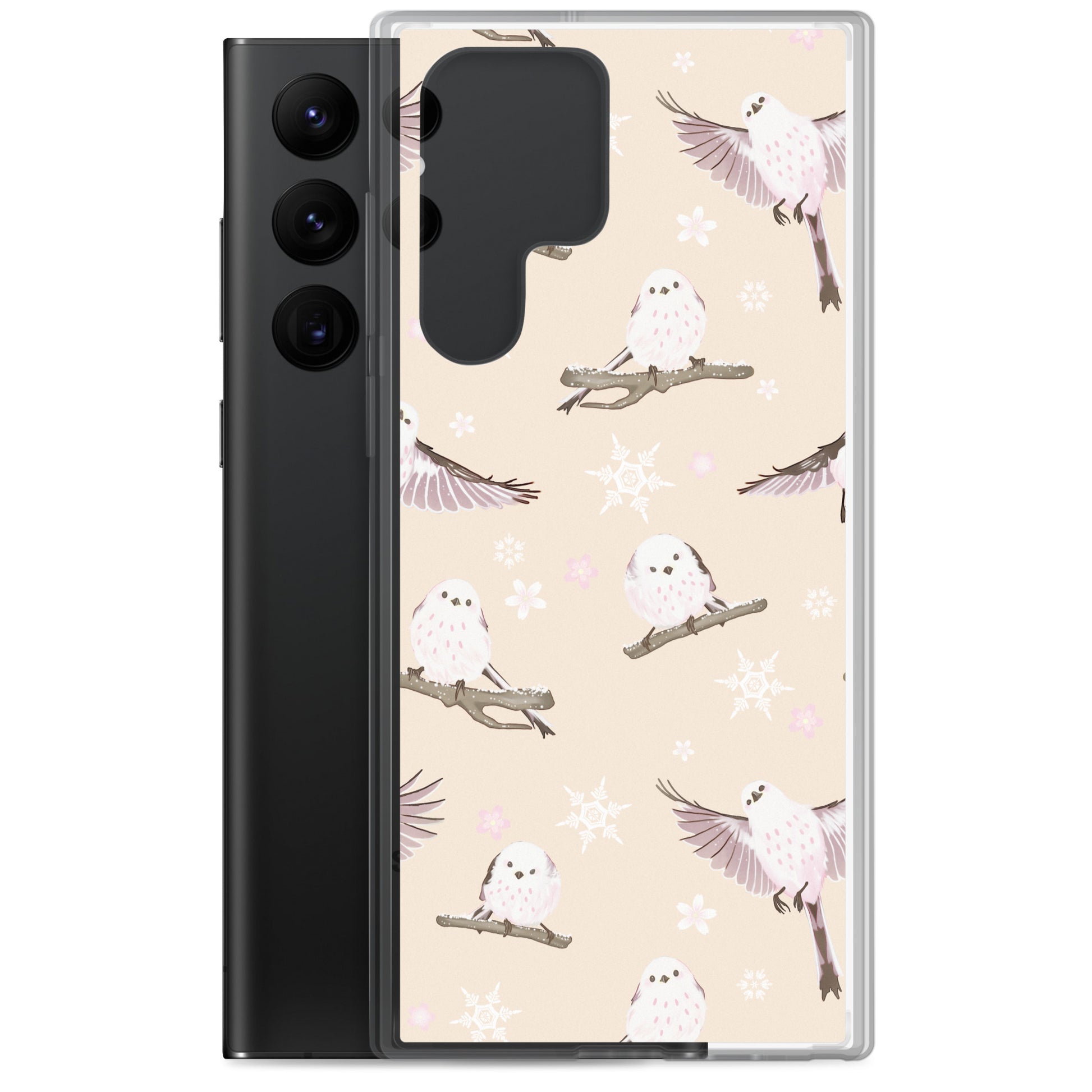 Snow Bird Samsung® Clear Case featuring pastel birds, perfect for winter outings and protecting your device stylishly.