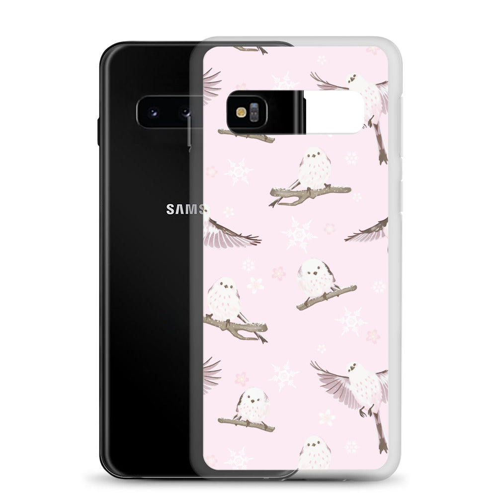 Snow Bird Samsung® Clear Case featuring pastel birds on a pink background, perfect for winter outings and gatherings.