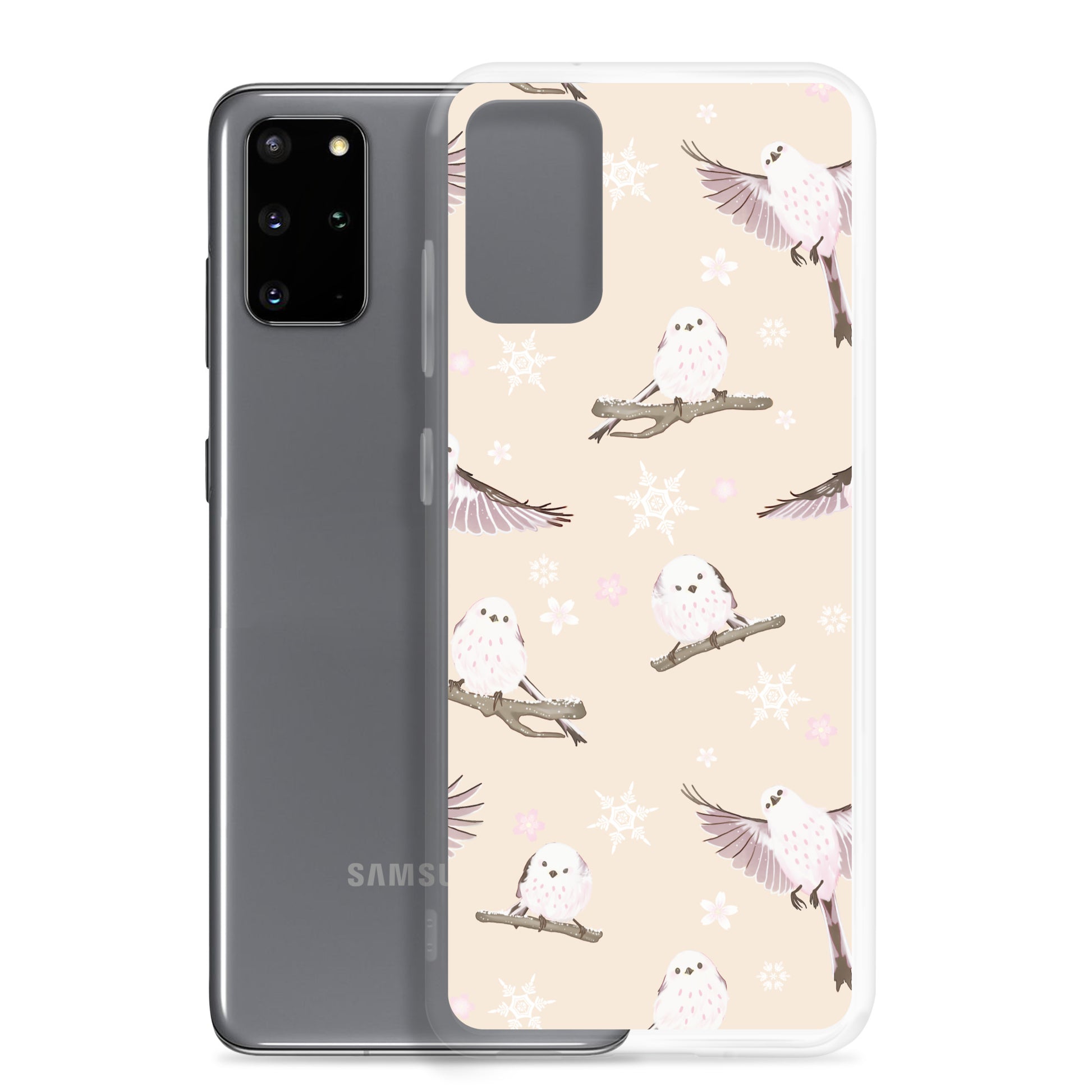 Sleek Snow Bird Samsung® Clear Case featuring pastel birds and snowflakes, perfect for winter gatherings.