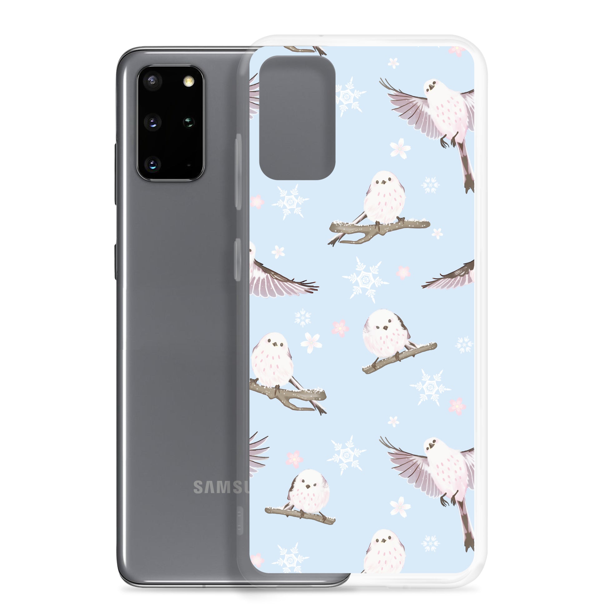 Cute Snow Bird Samsung® Clear Case featuring pastel birds, perfect for winter outings and stylish protection.