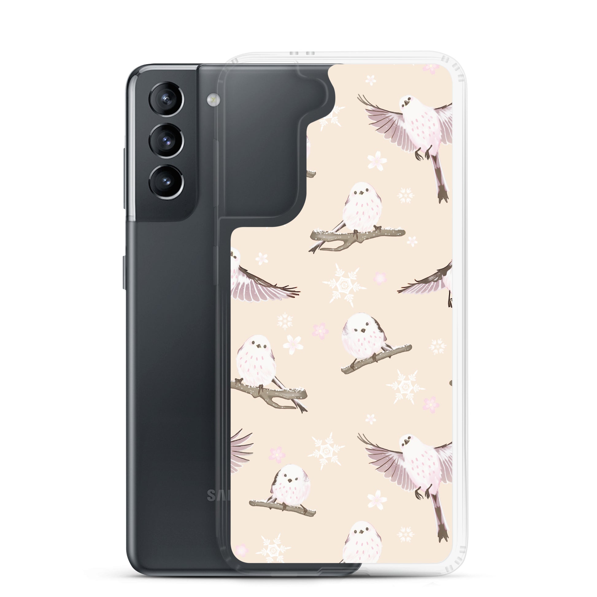 Snow Bird Samsung® Clear Case featuring adorable birds and pastel colors, perfect for winter outings and gatherings.