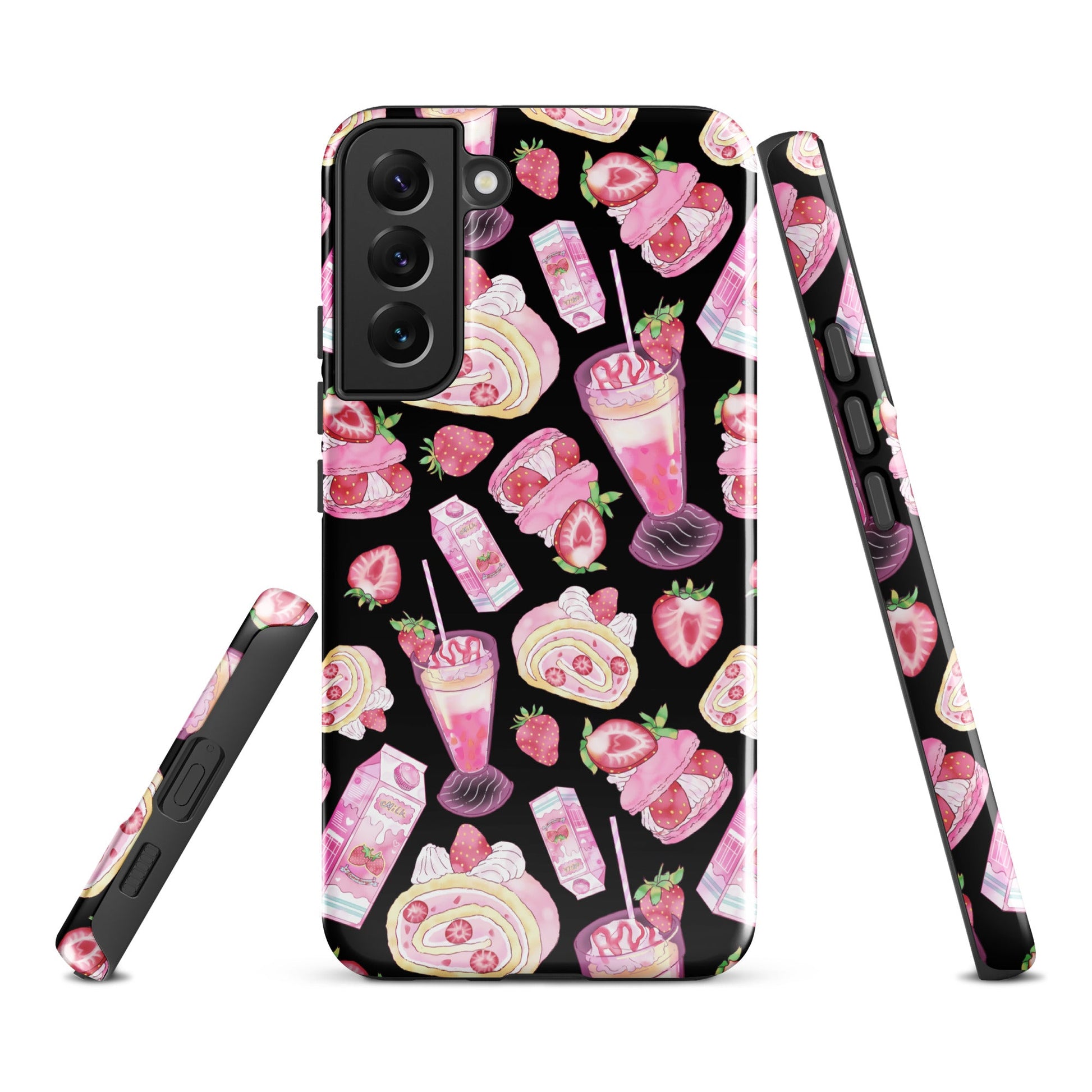 Protect your phone with the Strawberry Samsung® Tough Case, featuring a fun dessert design in pink and black.