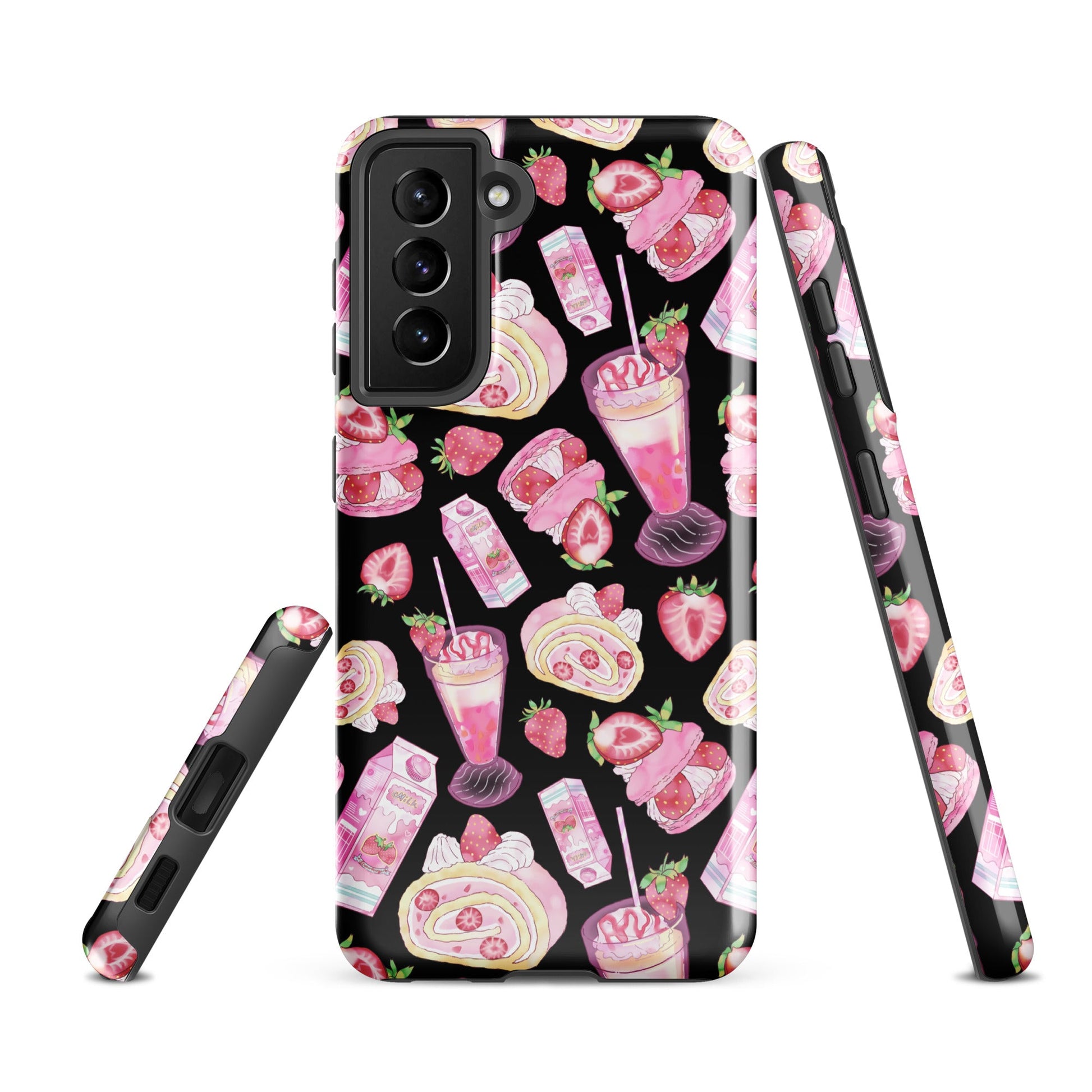 Stylish Strawberry Samsung® Tough Case featuring pink and black dessert patterns, designed for impact resistance.