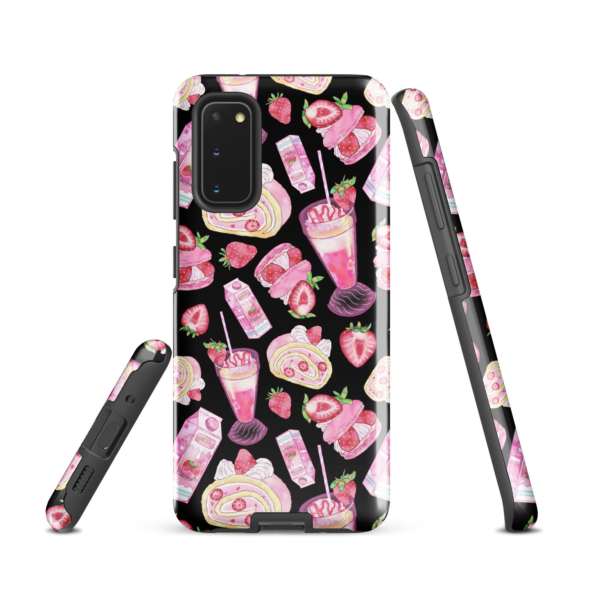 Stylish Strawberry Samsung® Tough Case in pink and black, designed for protection and dessert lovers alike.