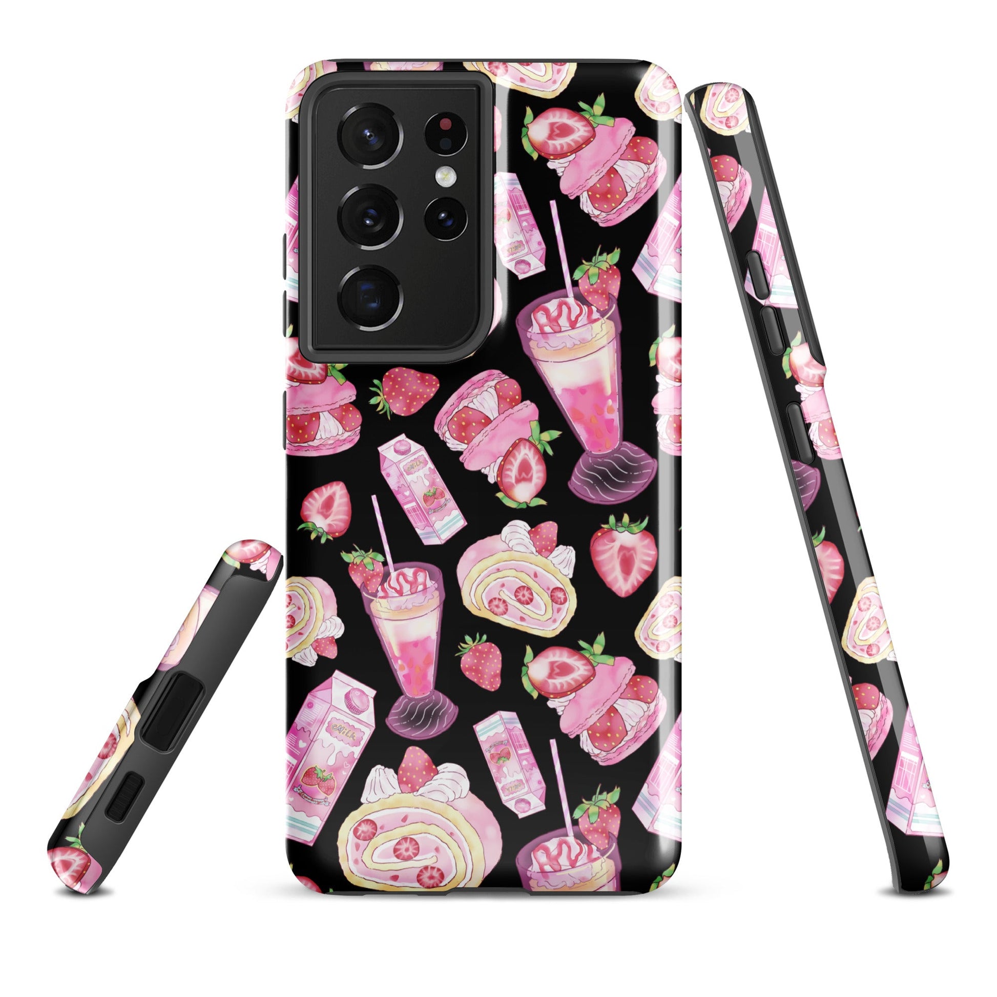 Stylish Strawberry Samsung® Tough Case features dessert designs, offering impact resistance and mobile protection.