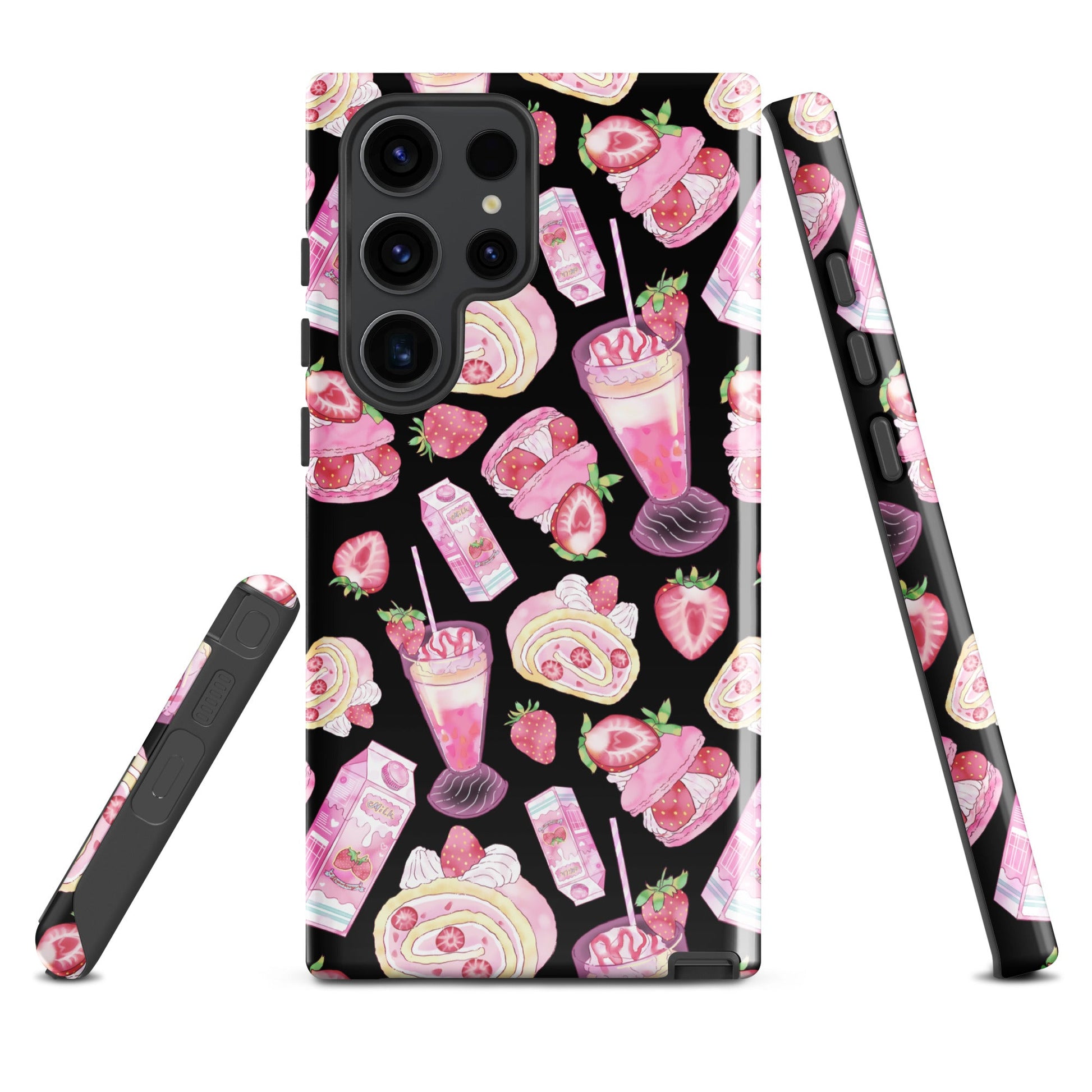 Colorful Strawberry Samsung® Tough Case features dessert patterns in pink and black for stylish phone protection.