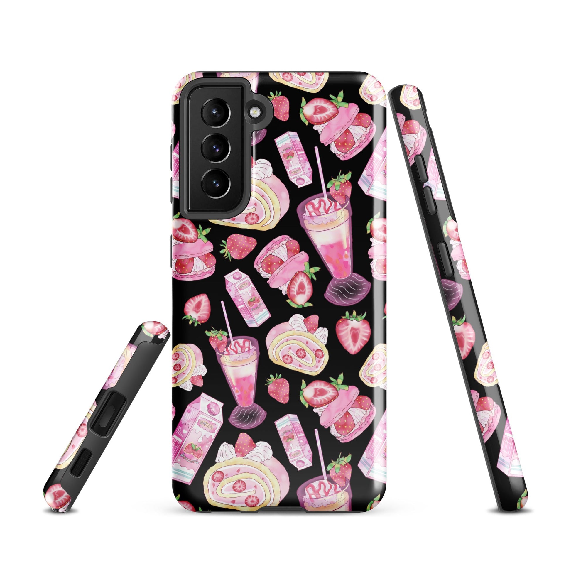Stylish Strawberry Samsung® Tough Case in pink and black, featuring dessert-themed design for ultimate phone protection.