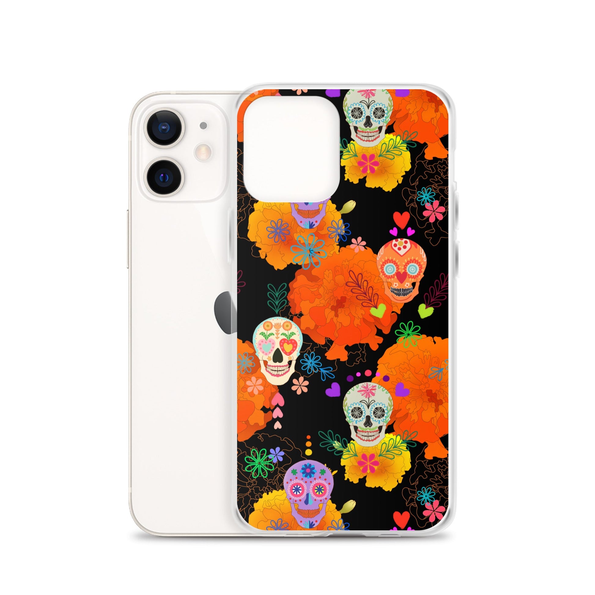 Colorful Sugar Skull iPhone® Clear Case with flexible sides, offering protection against scratches and dirt. Perfect for style!