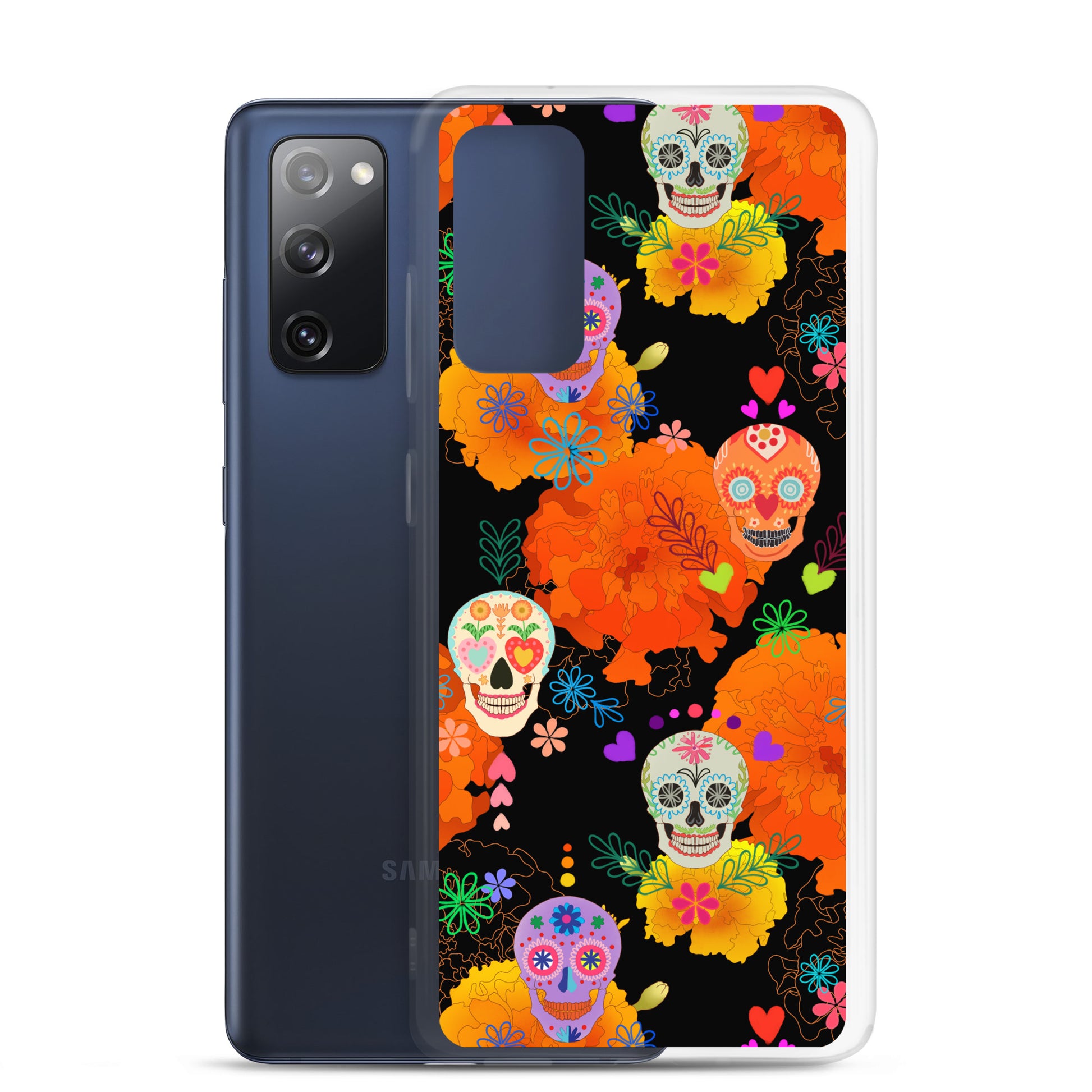 Colorful Sugar Skull Samsung® Clear Case, perfect for protecting your phone while showcasing your unique style.