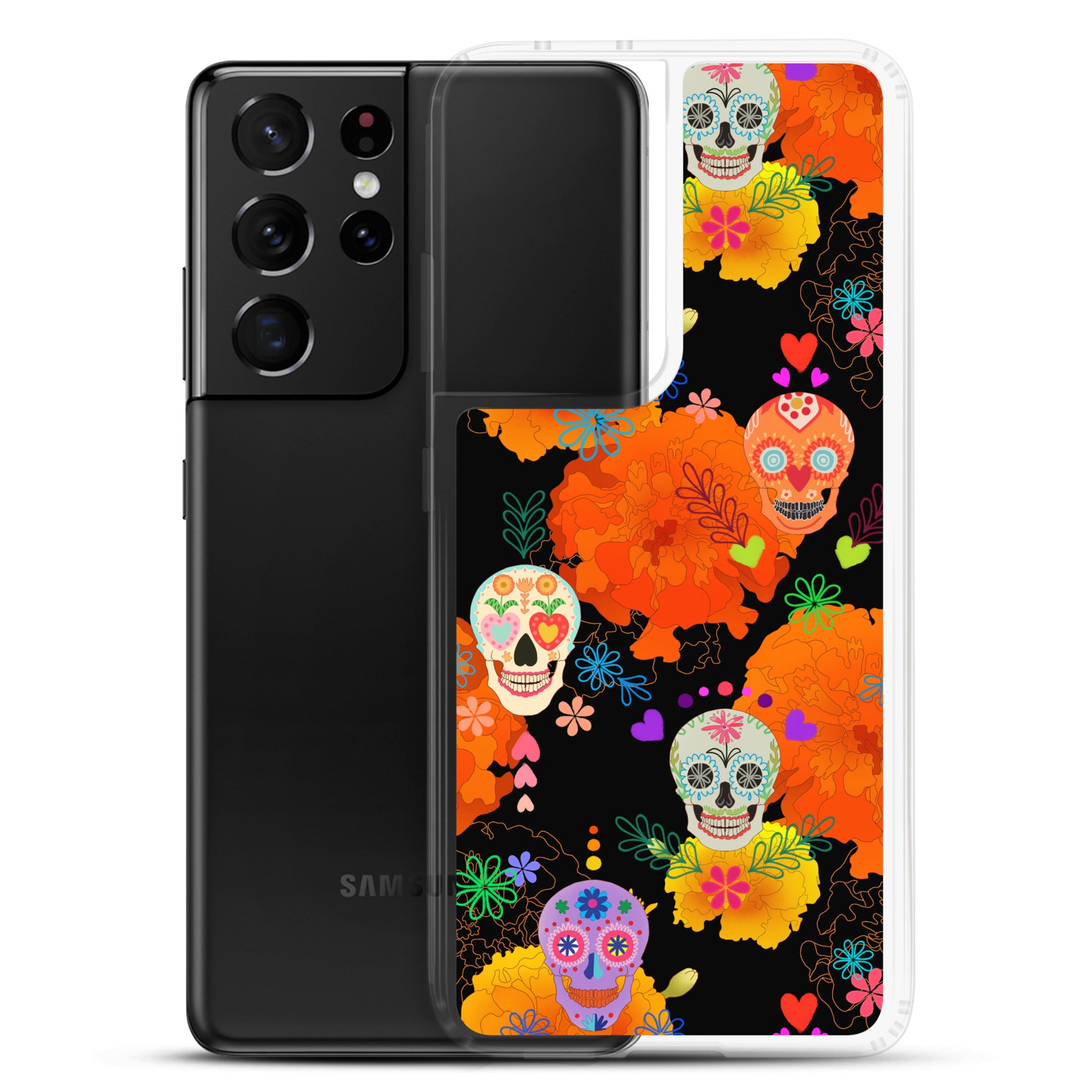Colorful Sugar Skull Samsung® Clear Case showcasing vibrant designs, perfect for protecting your phone in style.