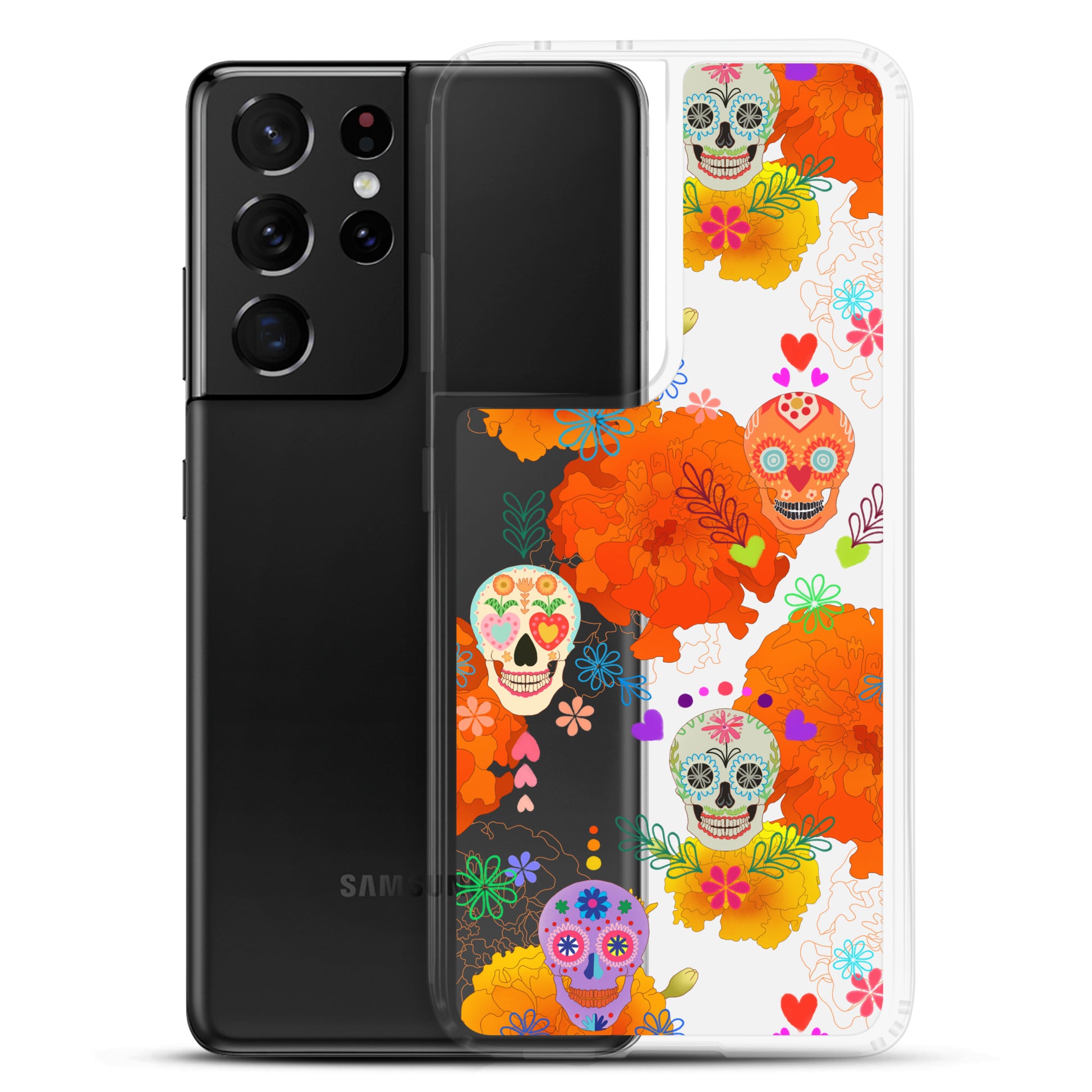 Colorful Sugar Skull Samsung® Clear Case design showcasing vibrant patterns, perfect for style and protection.