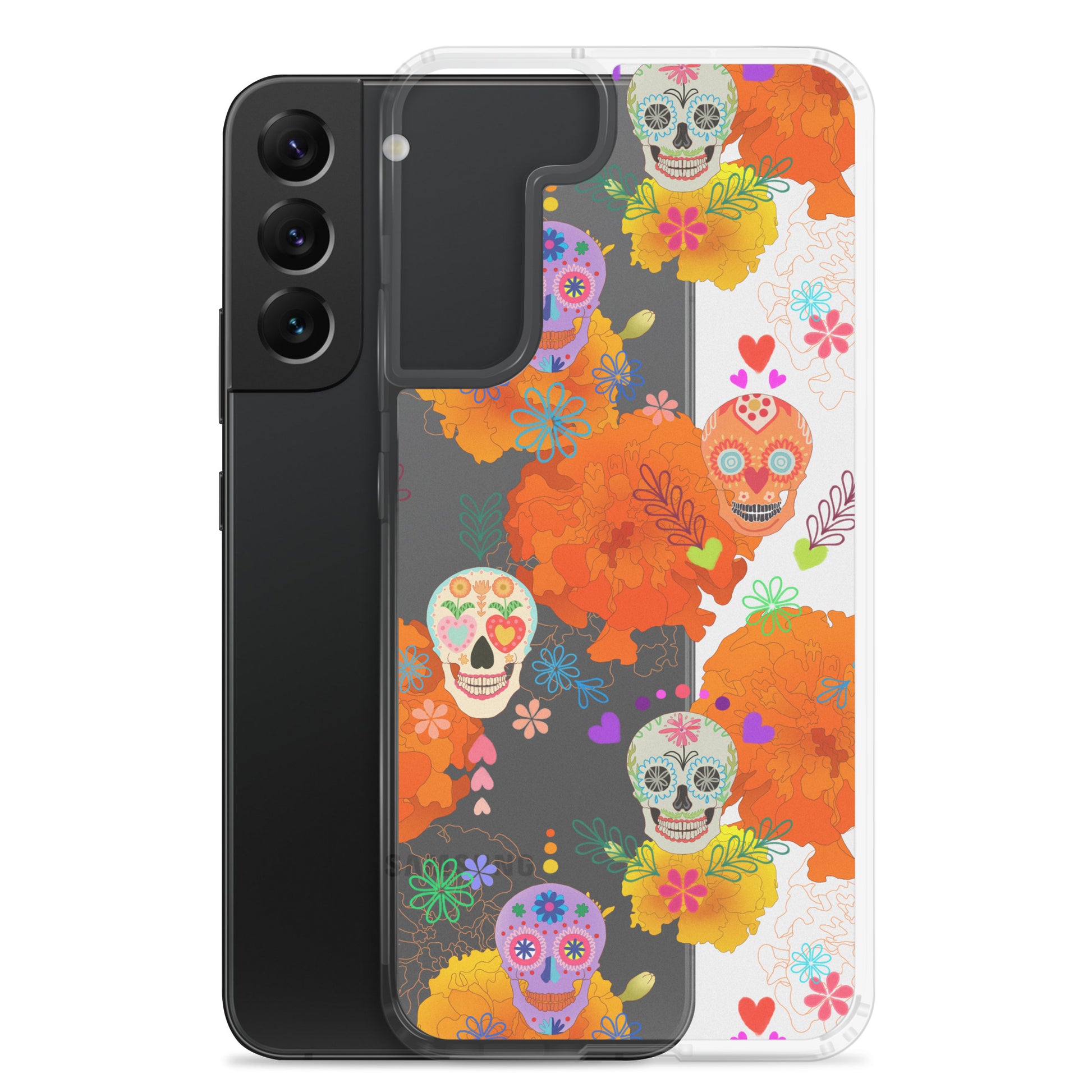 Colorful Sugar Skull Samsung® Clear Case with floral designs offers protection and style for your Galaxy device.