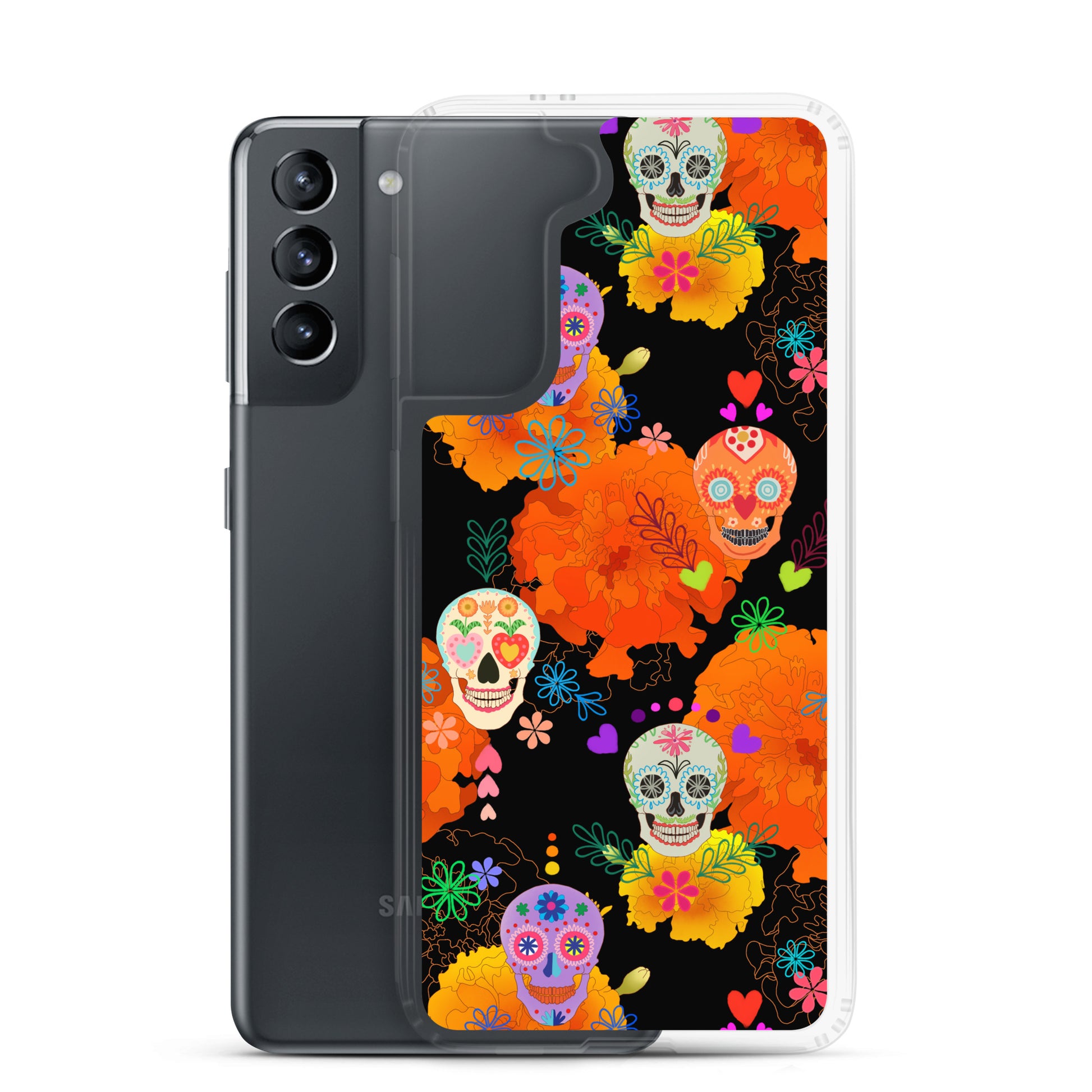 Colorful Sugar Skull Samsung® Clear Case showcasing vibrant designs while protecting your phone from daily wear.