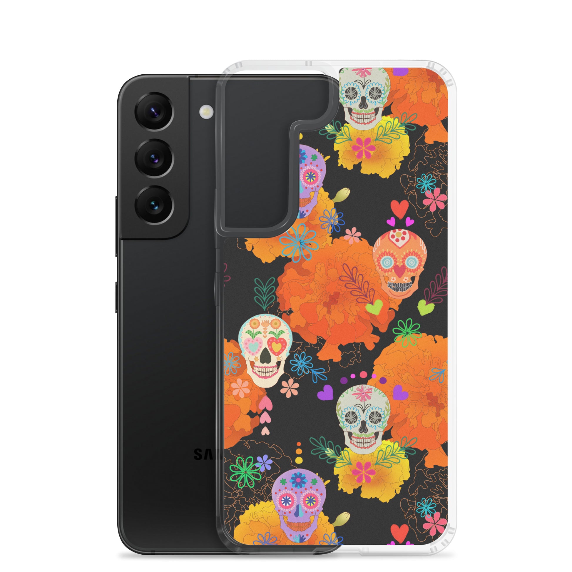 Stylish Sugar Skull Samsung® Clear Case featuring vibrant designs, protecting your phone from daily wear and tear.