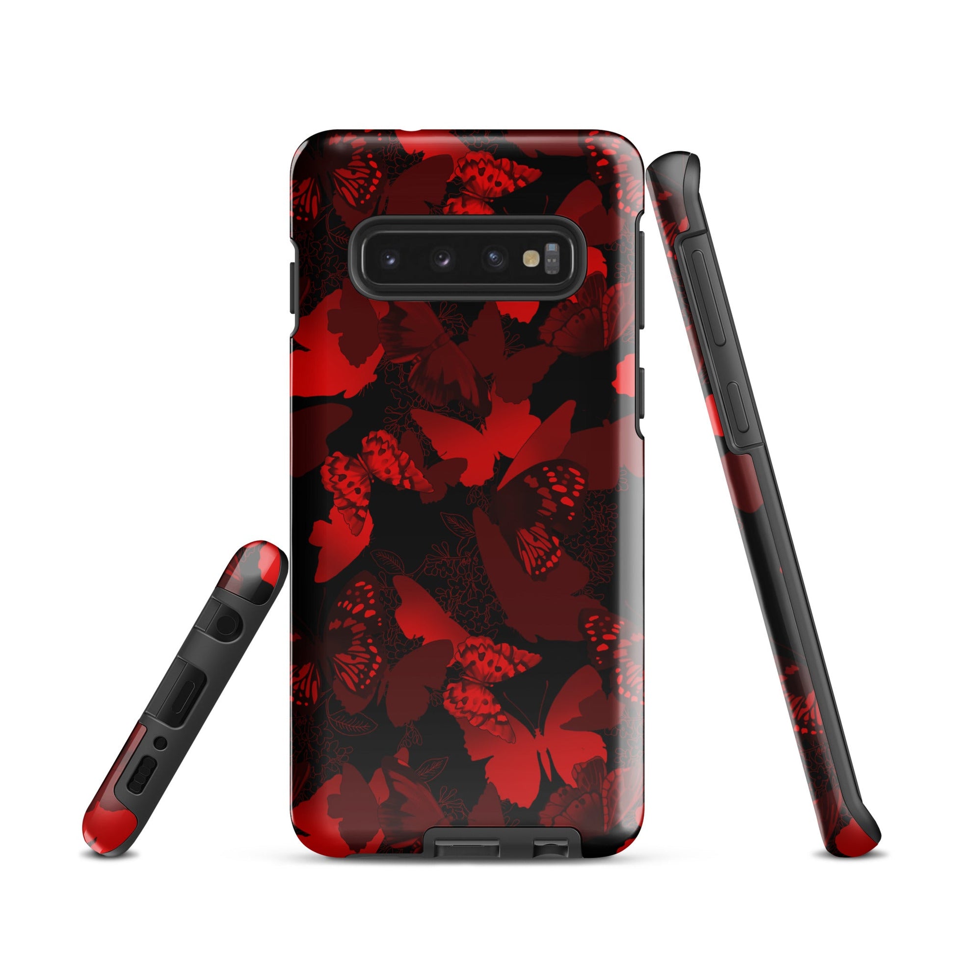 Stylish Butterfly Samsung® Tough Case offers durable protection with vibrant red butterfly design for your Galaxy S10.