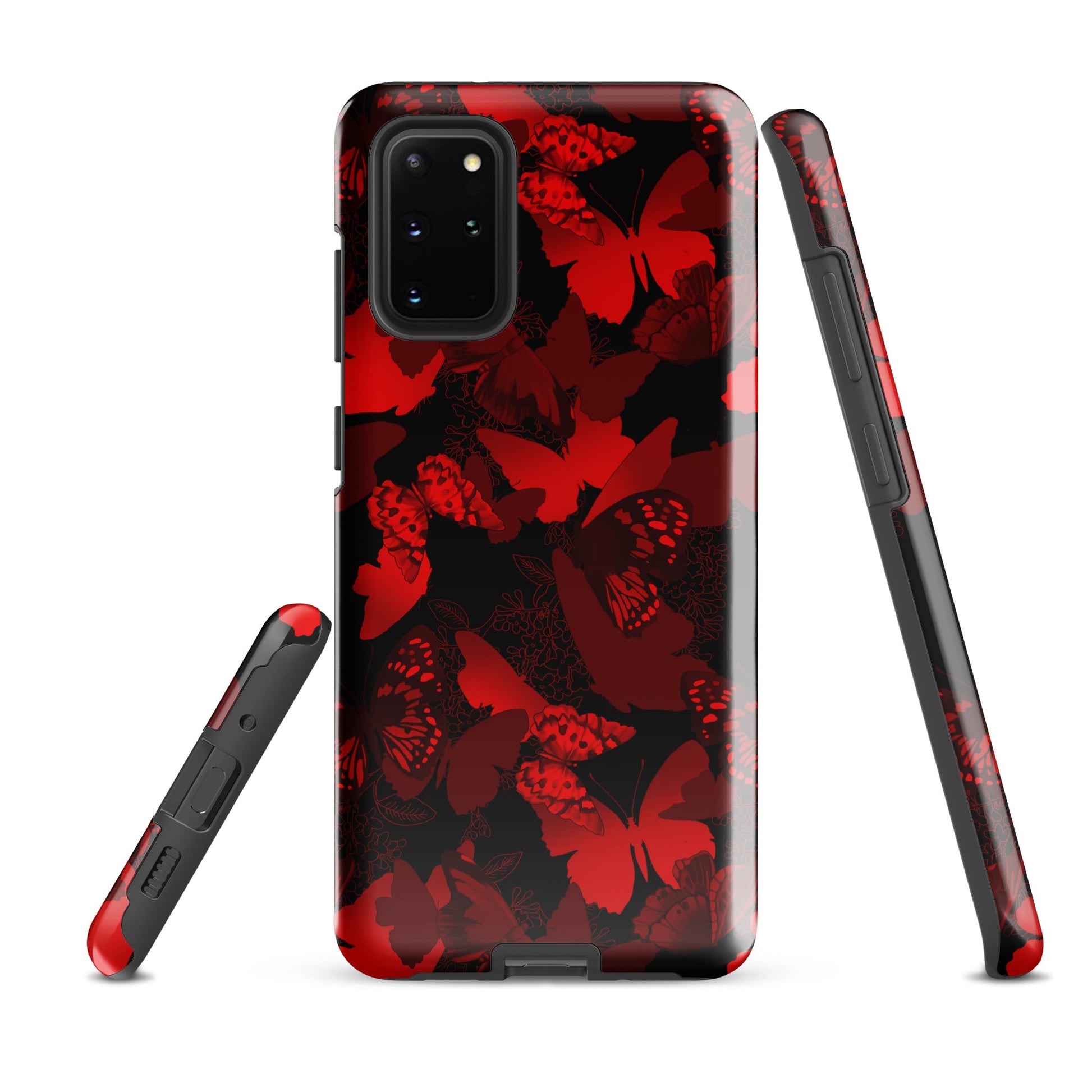 Stylish Butterfly Samsung® Tough Case features a vibrant red butterfly design, offering durability and protection for your phone.