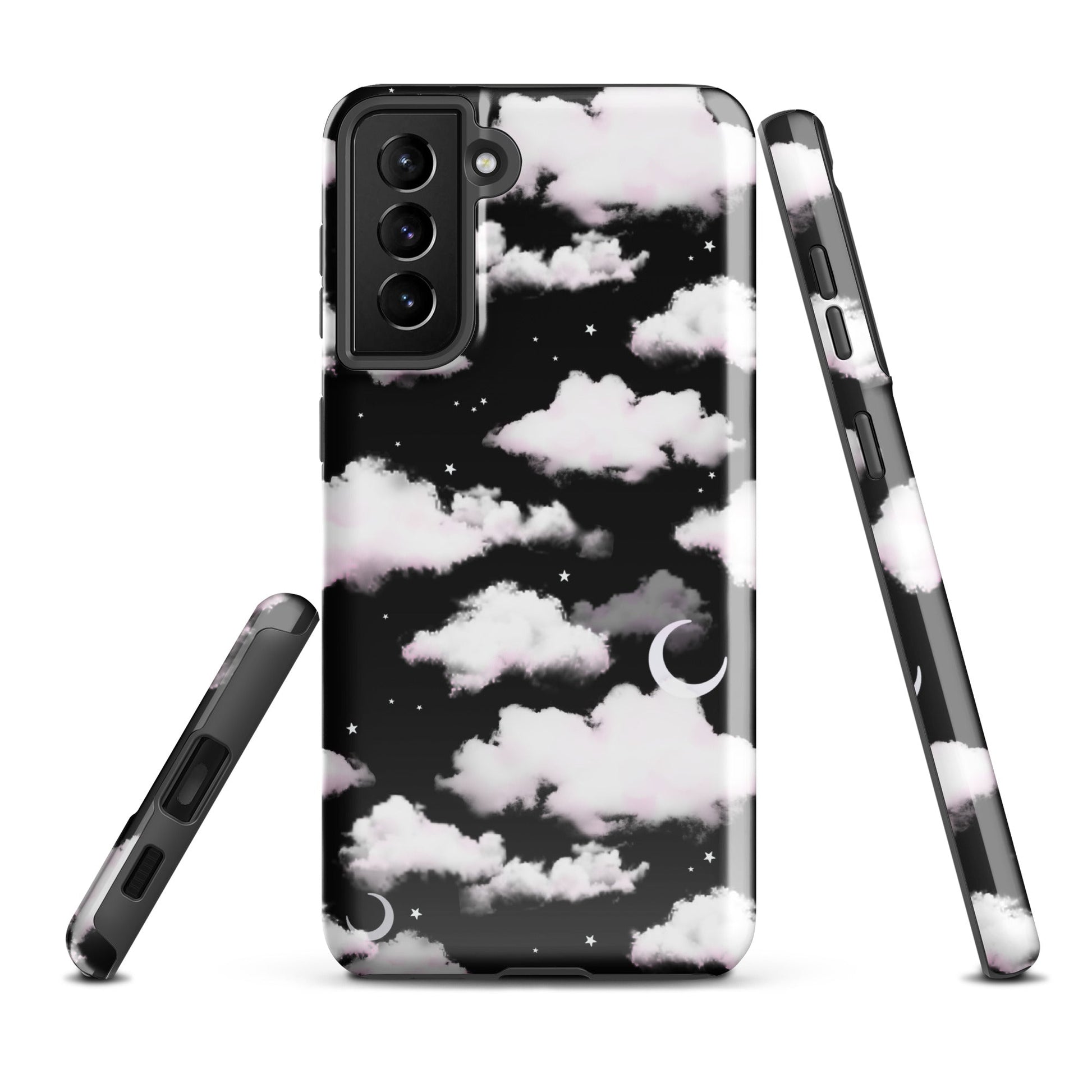 Cloudy Sky Samsung® Tough Case features a sleek design with clouds and moons, providing stylish protection for your phone.