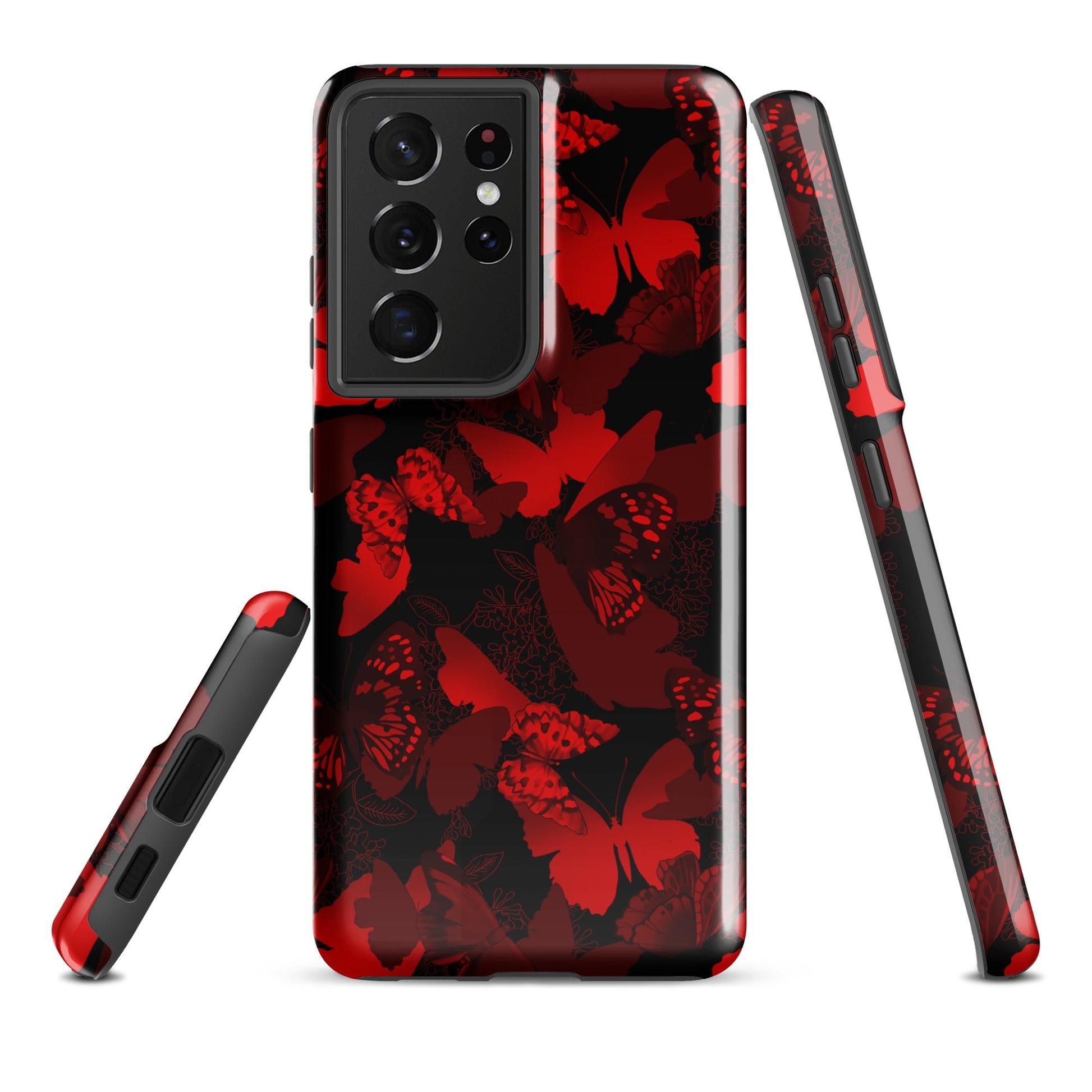 Stylish Butterfly Samsung® Tough Case featuring red butterflies, designed for durability and phone protection.