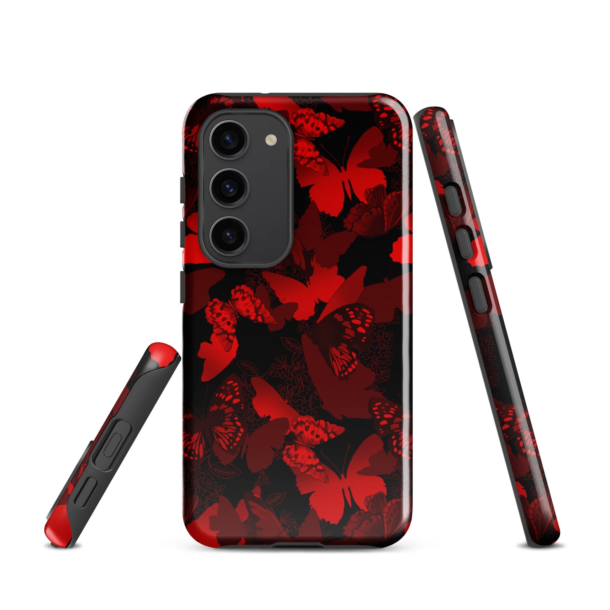 Butterfly Samsung® Tough Case showcases vibrant red butterflies on a durable design for ultimate phone protection.