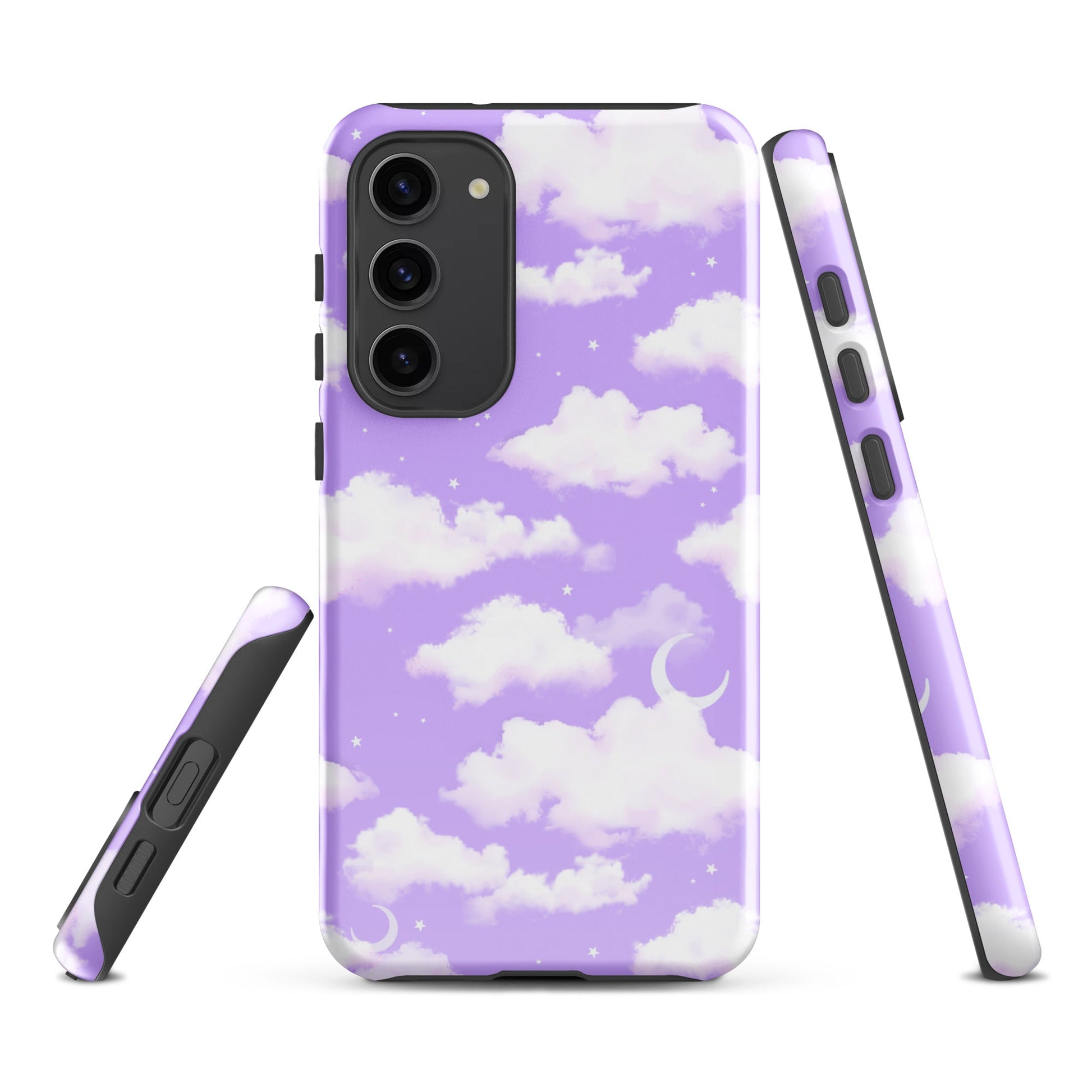 Cloudy Sky Samsung® Tough Case showcases a stylish purple cloud design, ensuring durability and protection for your phone.