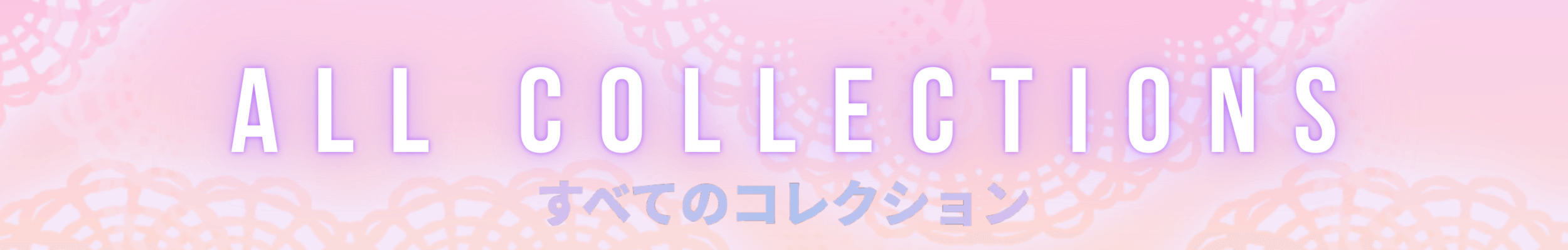 Text banner promoting kawaii fashion collections in soft pastel colors.