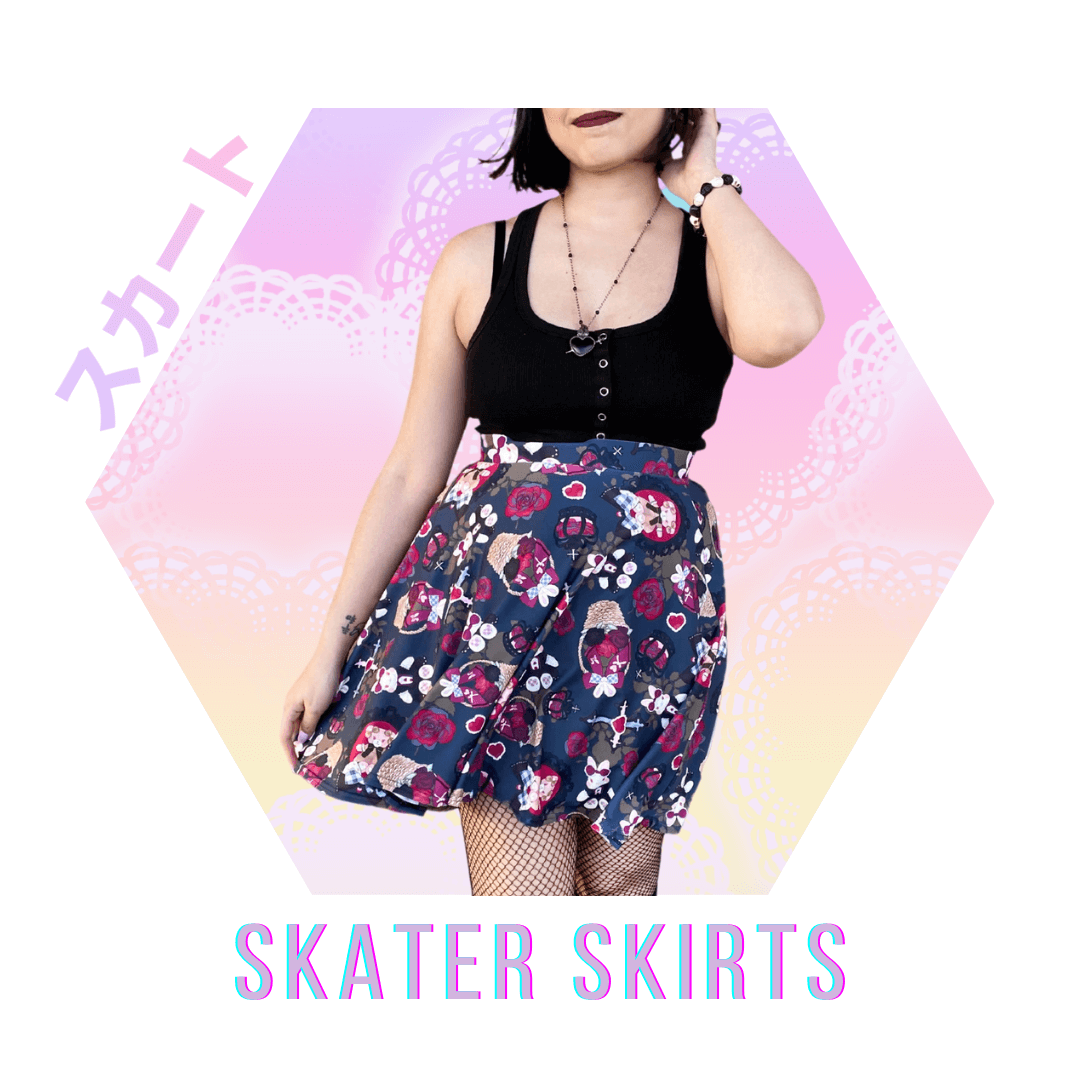 Kawaii fashion featuring a stylish skater skirt with a floral pattern against a pastel background.