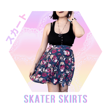 Kawaii fashion featuring a stylish skater skirt with a floral pattern against a pastel background.