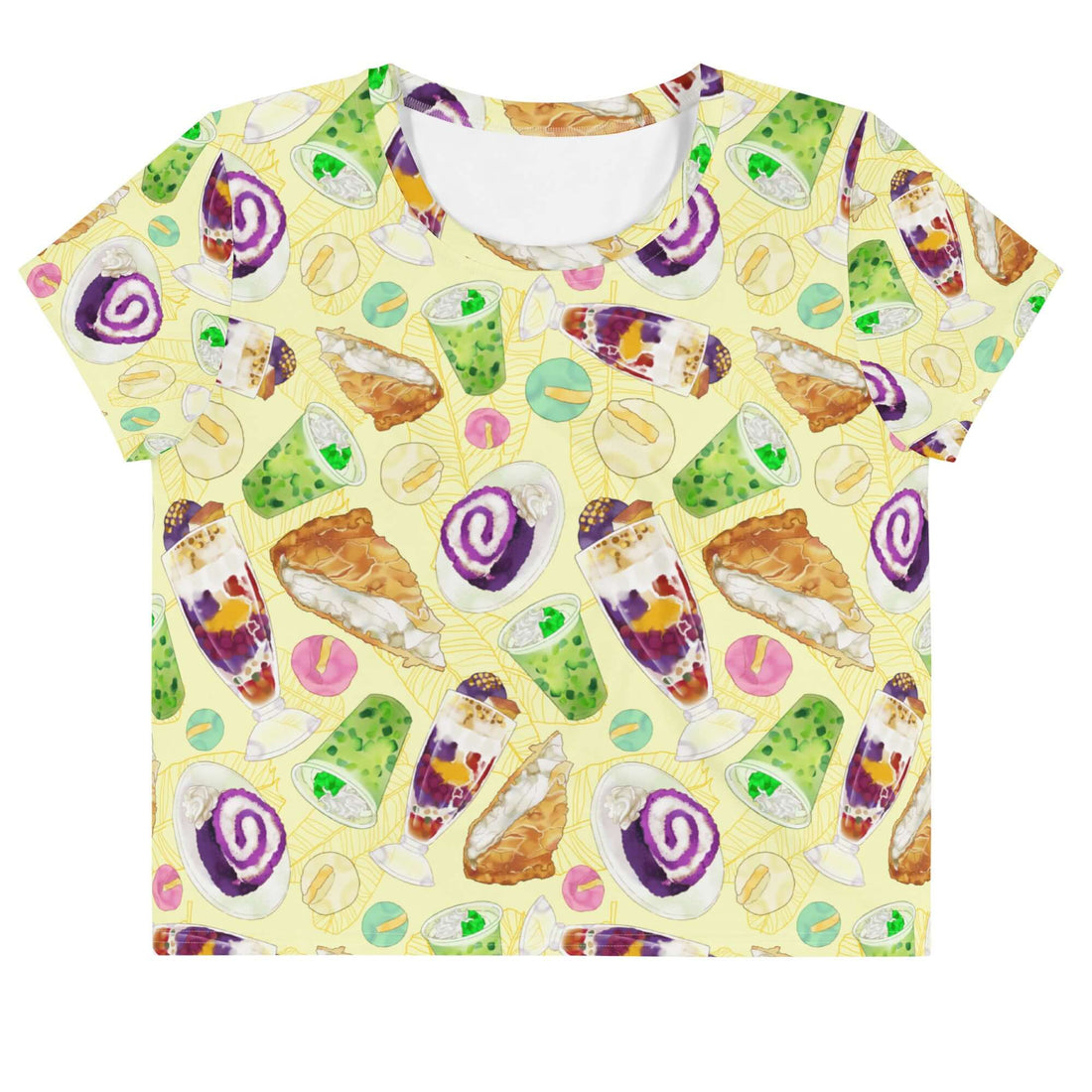 Stylish Filipino Dessert Crop Top featuring colorful dessert prints, perfect for showcasing your sweet tooth and pride.