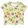 Stylish Filipino Dessert Crop Top featuring colorful dessert prints, perfect for showcasing your sweet tooth and pride.