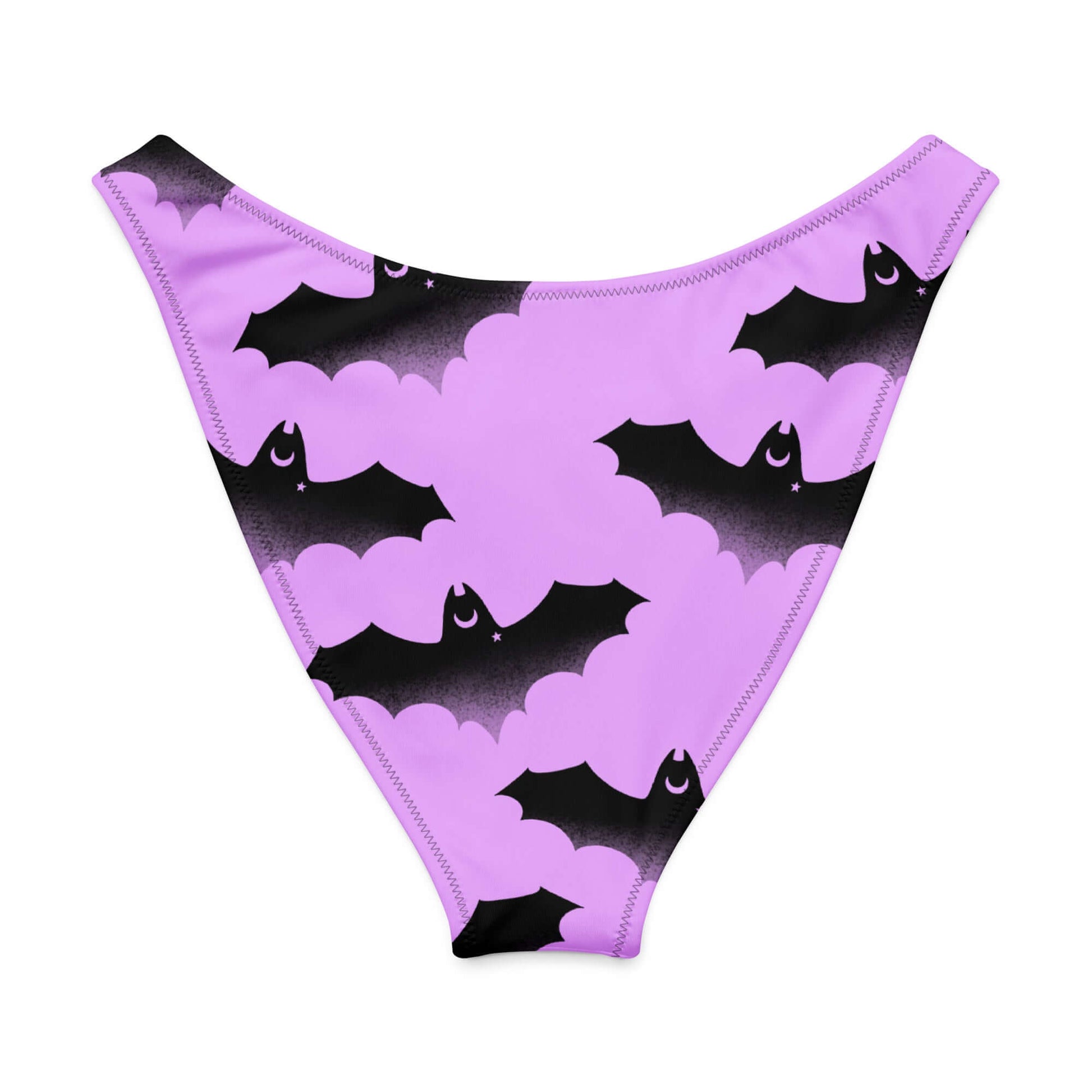 Aensland V-cut bikini bottom with playful bat print on lavender background, perfect for sunny days and stylish beach vibes.