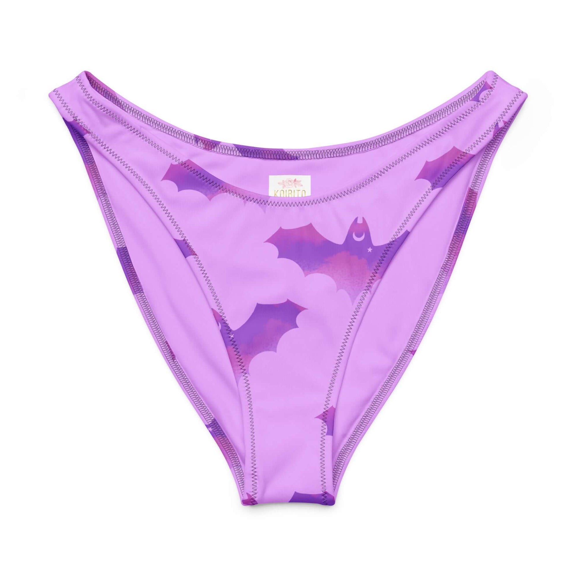 Aensland V-cut bikini bottom in lavender with playful bat print, offering comfort and UV protection.