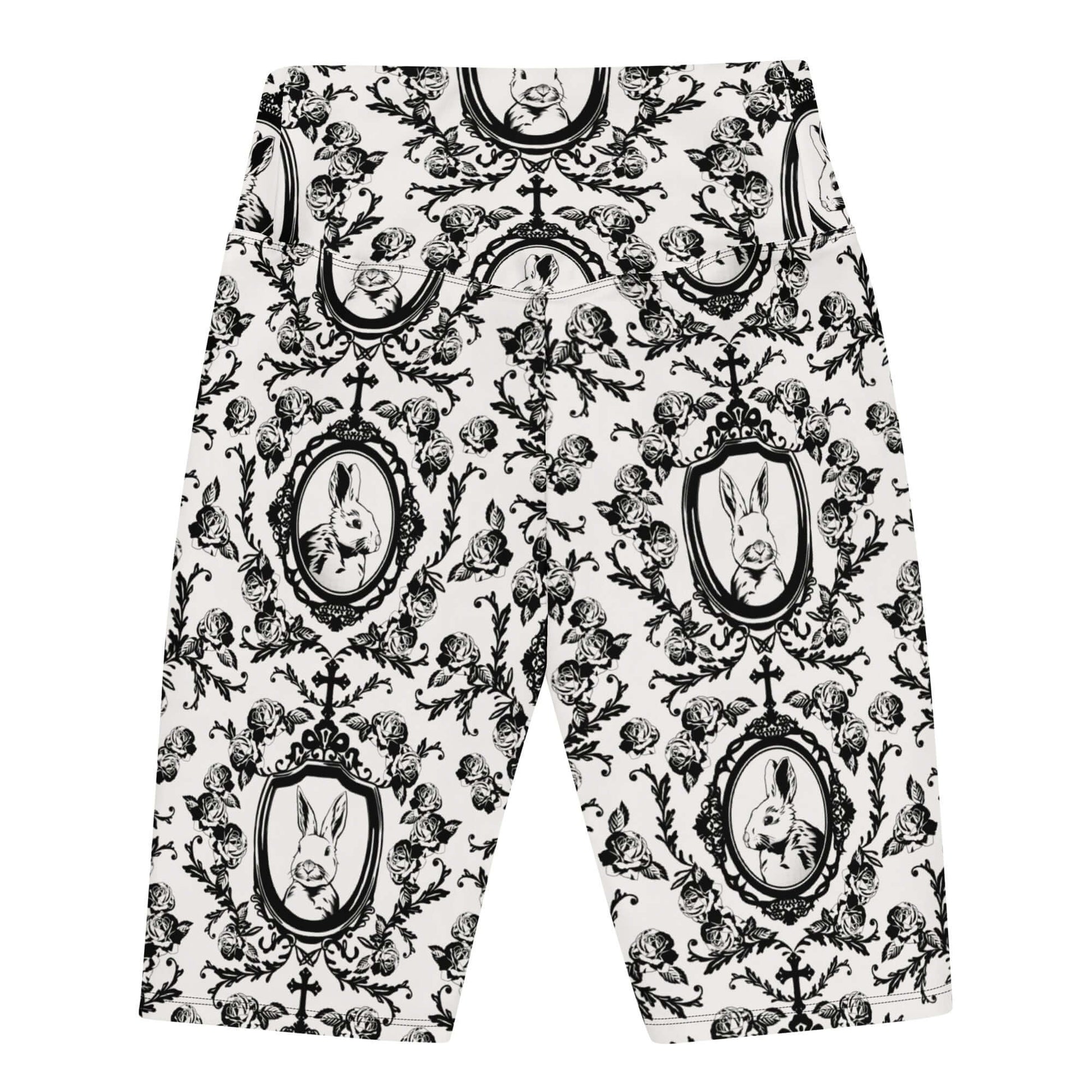High-waisted Queen's Beloved Bunny Biker Shorts with elegant floral and bunny print, perfect for stylish lounging.