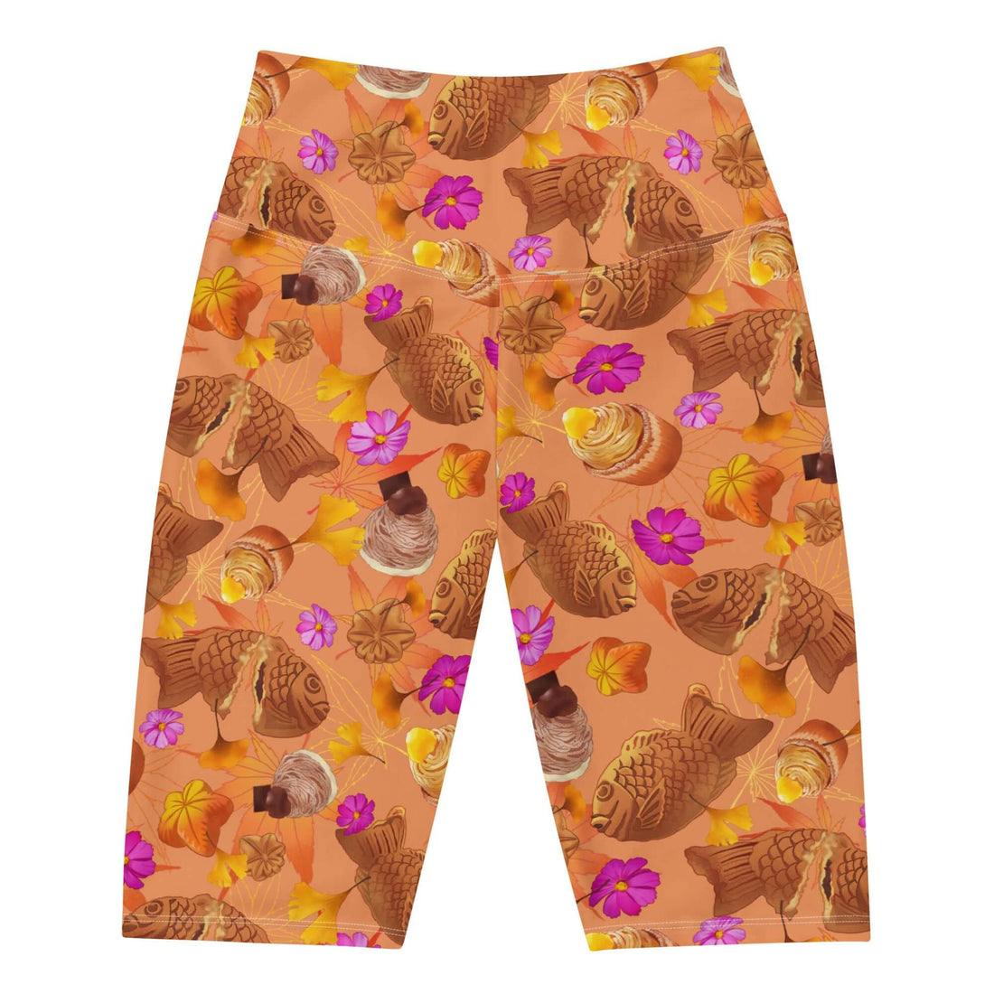 High-waisted Momiji Biker Shorts feature a colorful autumn design, perfect for comfortable fall outings.