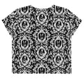 Stylish Queen's Beloved Bunny Crop Top features elegant black-and-white motifs for a chic look. Perfect for any outfit!