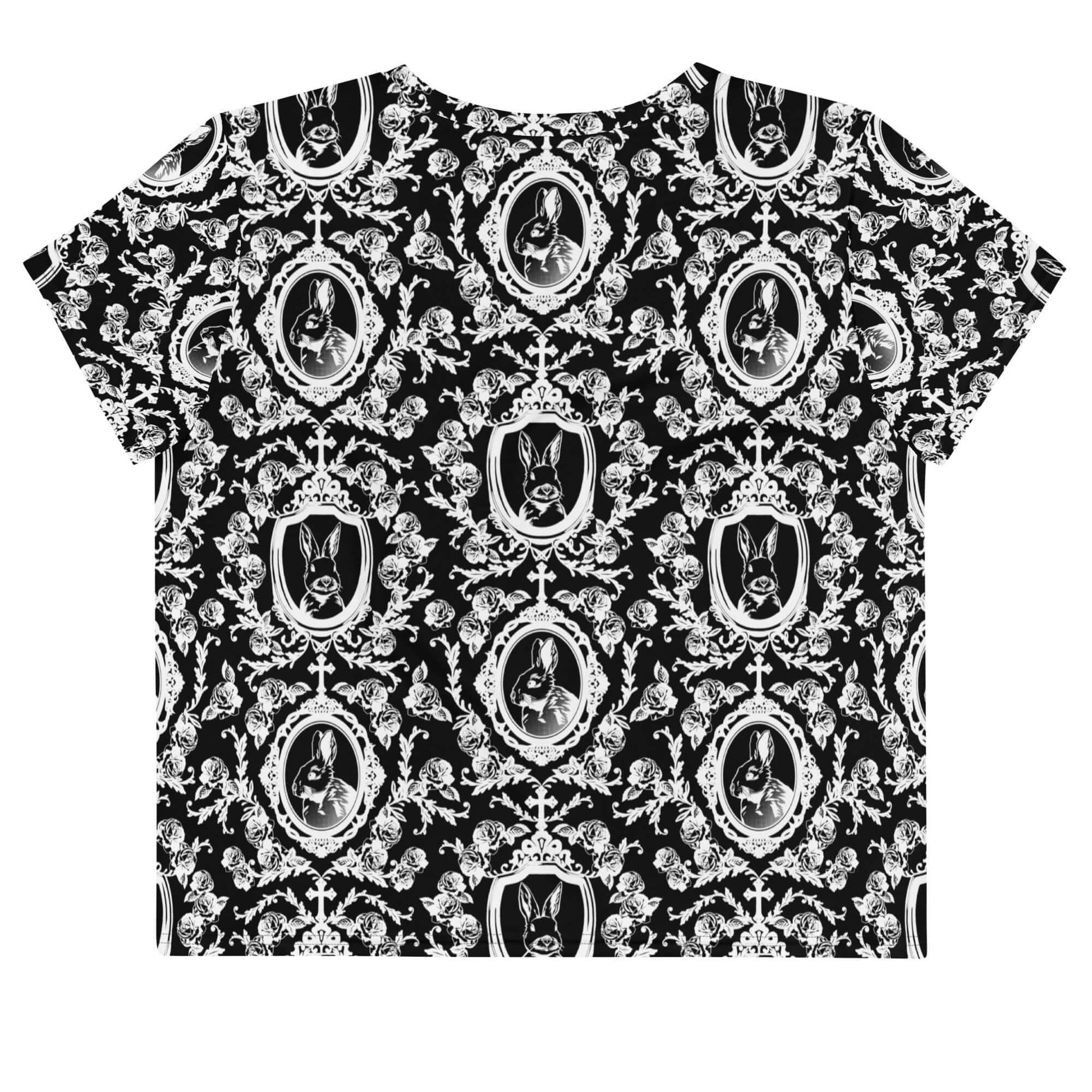 Stylish Queen's Beloved Bunny Crop Top features elegant black-and-white motifs for a chic look. Perfect for any outfit!