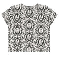 Stylish Queen's Beloved Bunny Crop Top featuring elegant black-and-white motifs, perfect for any outfit.